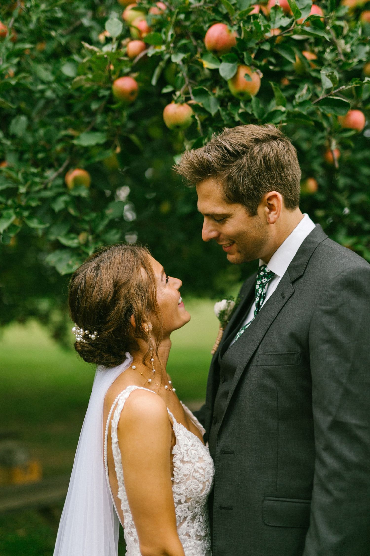 A couple in wedding attire share an intimate moment beneath apple trees in an orchard.