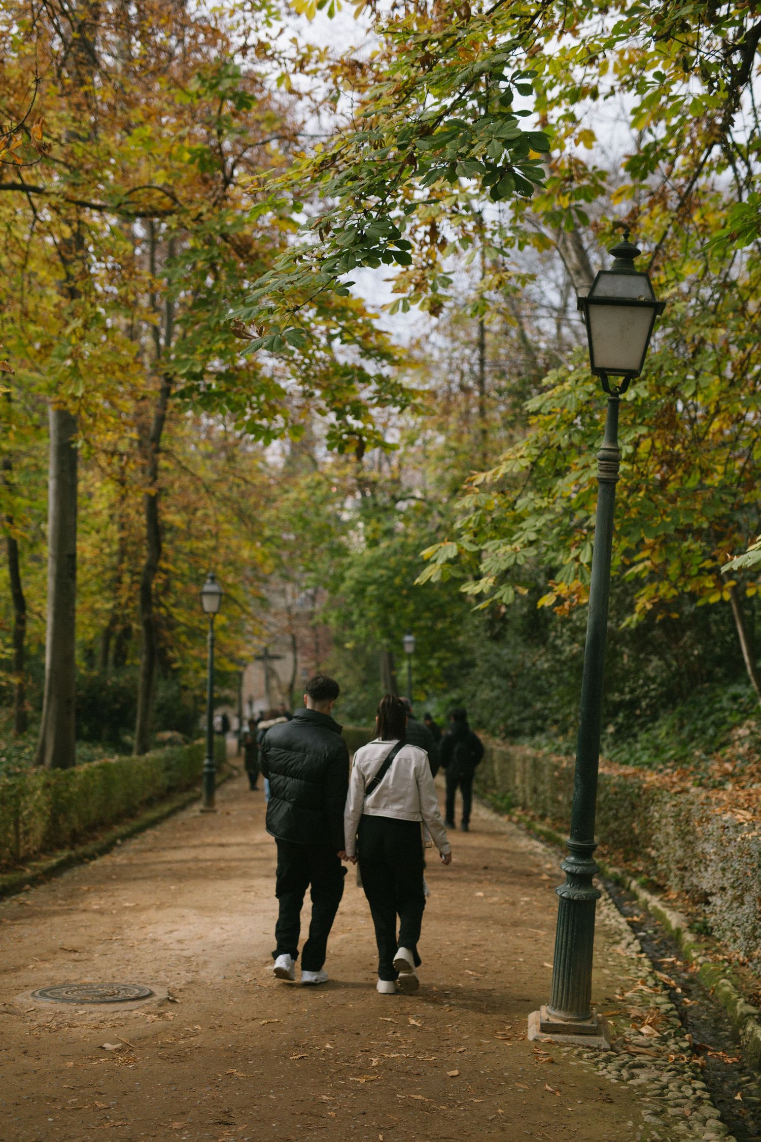 People strolling along a tree-lined autumn path with vintage lampposts in a peaceful park setting.