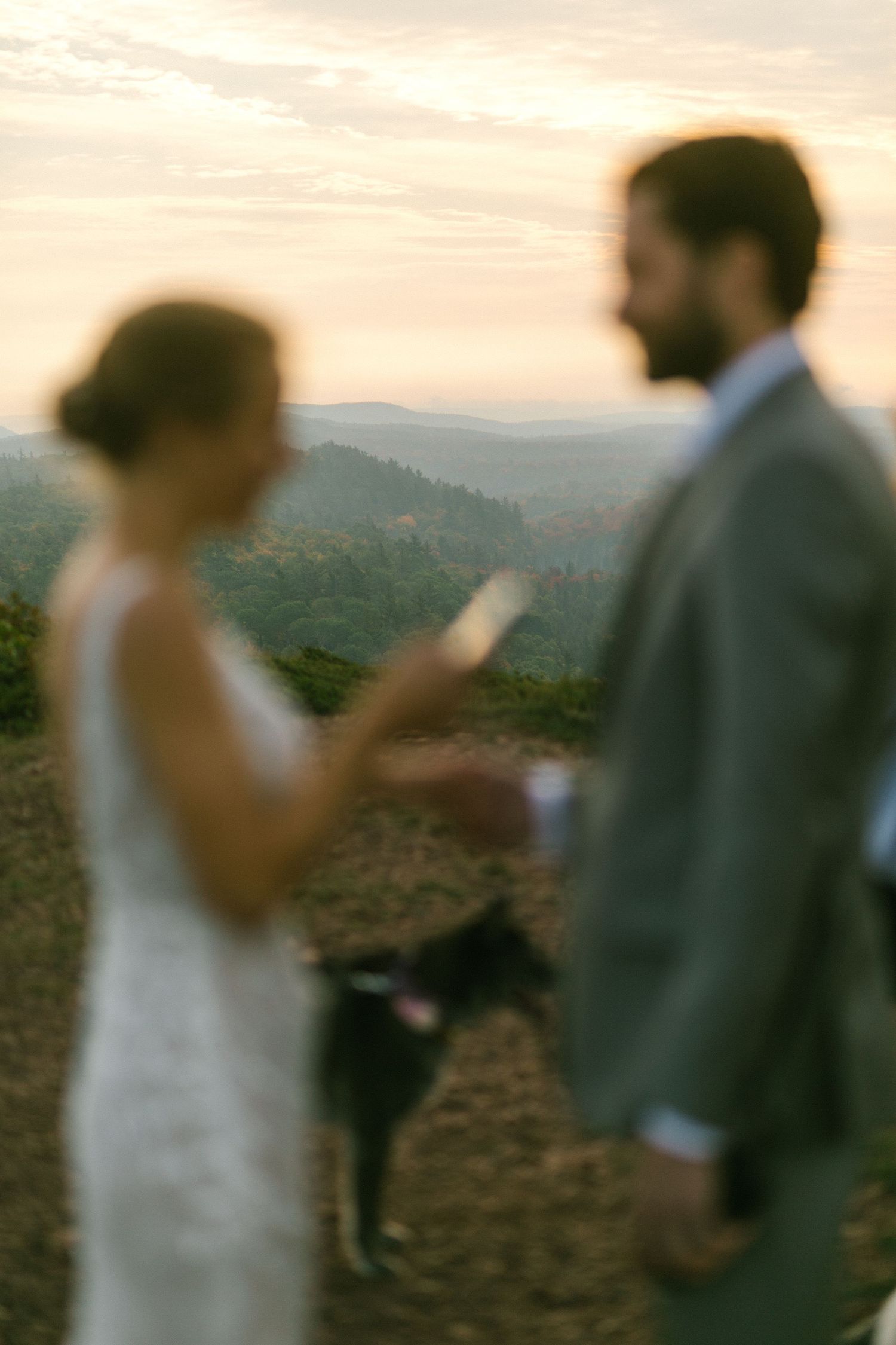 A scenic mountain landscape at sunset provides a backdrop for an intimate outdoor ceremony.