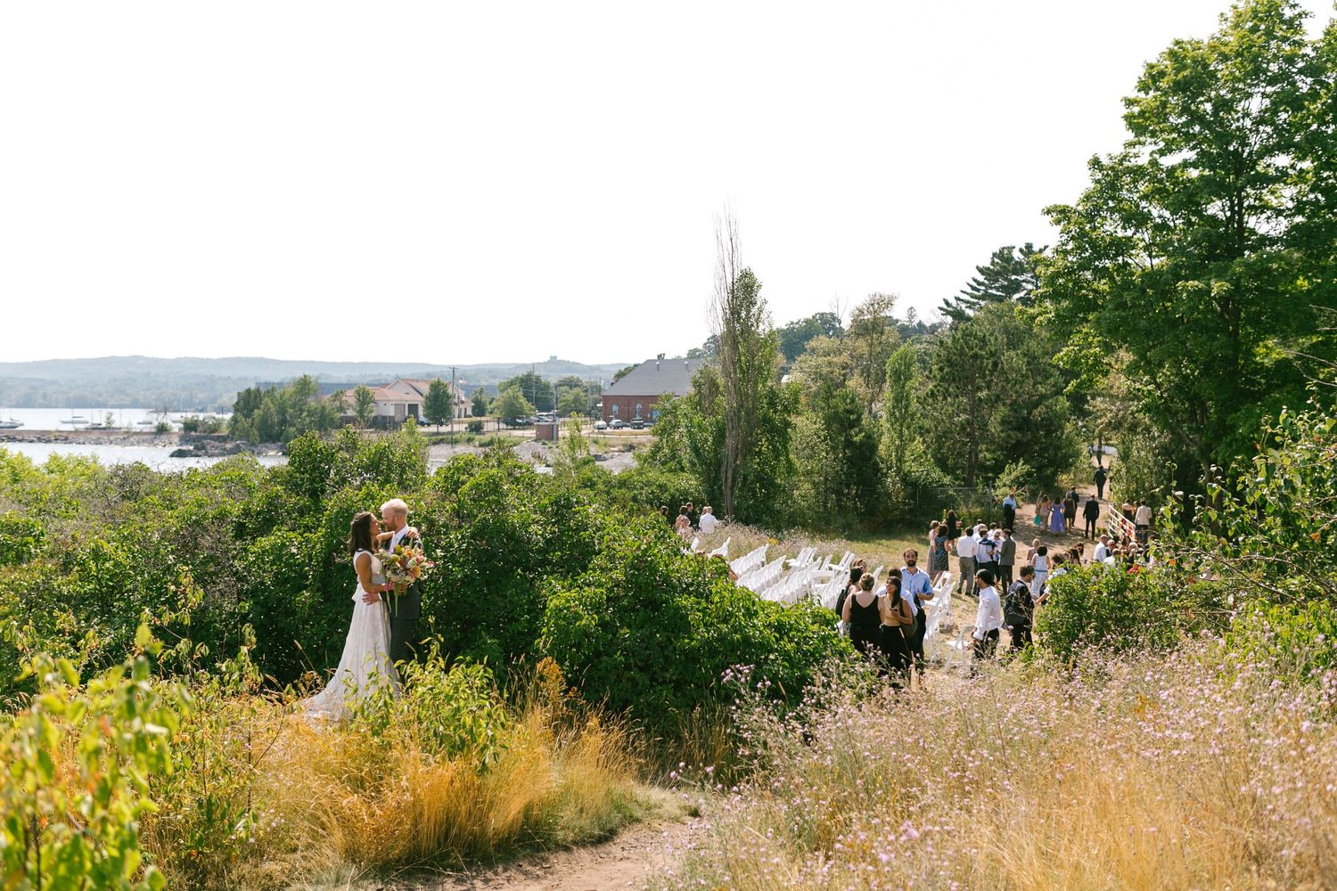 Panoramic view of a green hillside overlooking a scenic coastal landscape with trees and buildings in the distance.