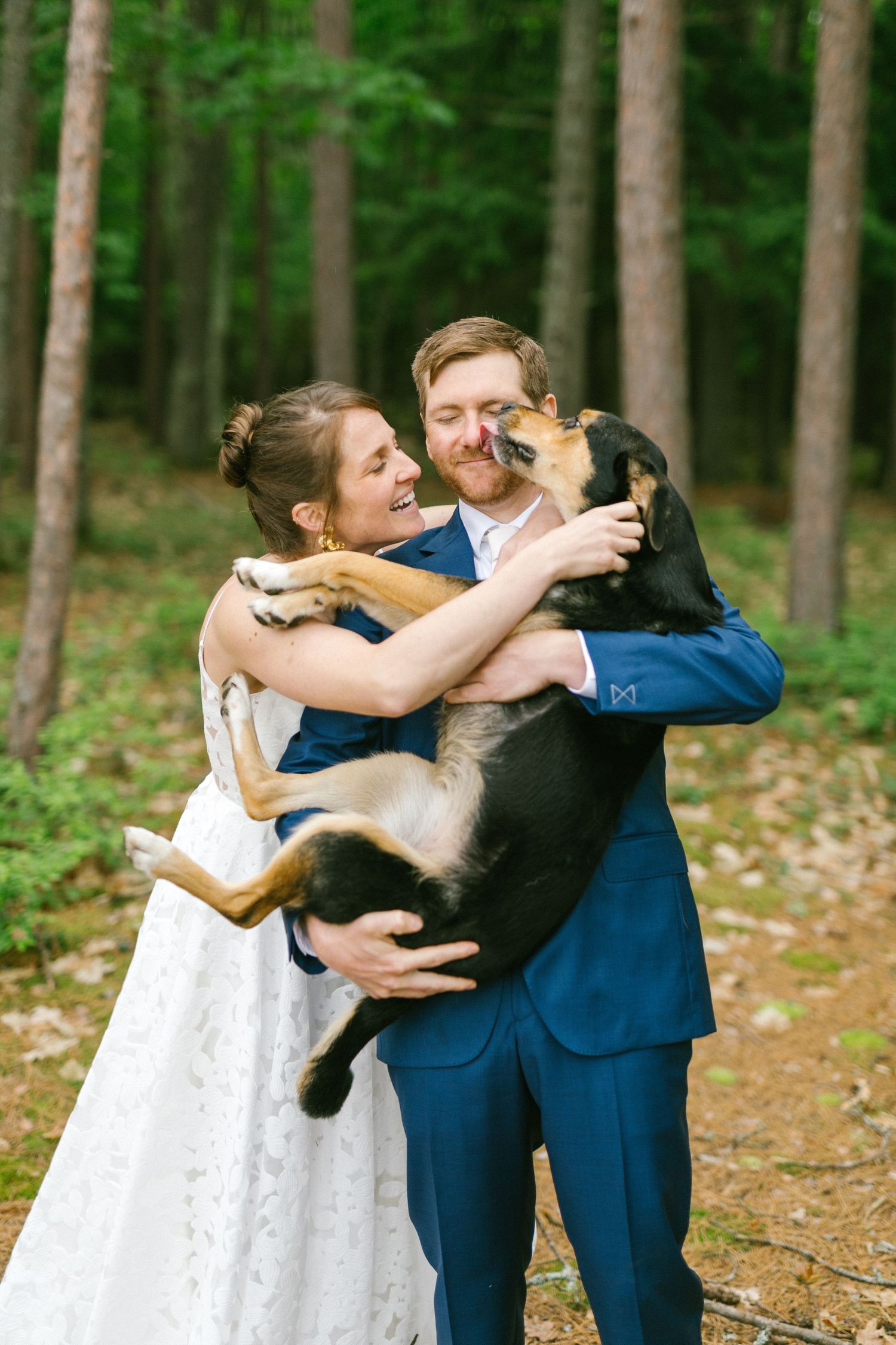 A couple in wedding attire holds and cuddles with their two dogs in a forest setting.