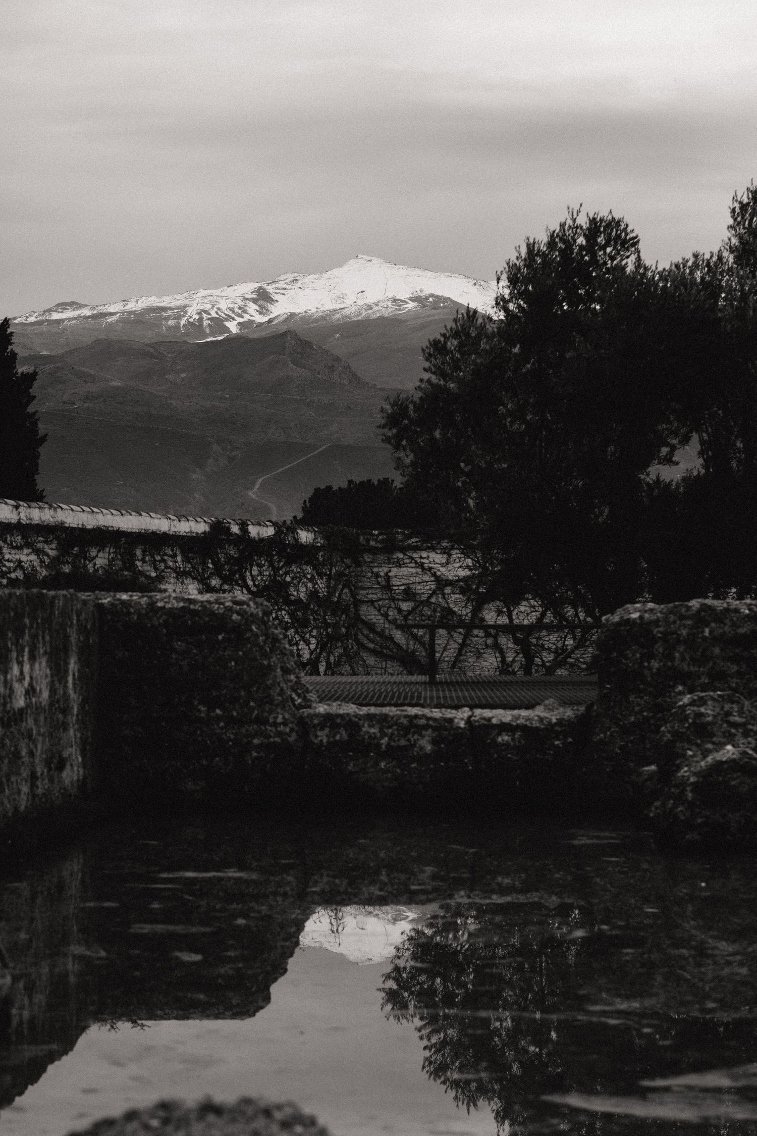 Black and white landscape with snow-capped mountain peak reflected in still water, framed by dark trees and stone wall.