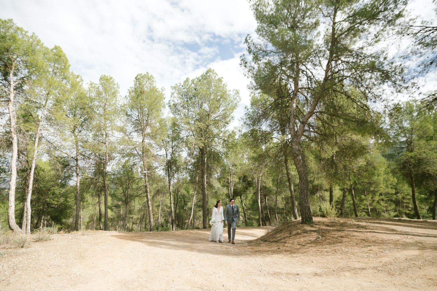 A bride and groom walk along a serene dirt path through a sunlit forest of tall trees on a bright day.
