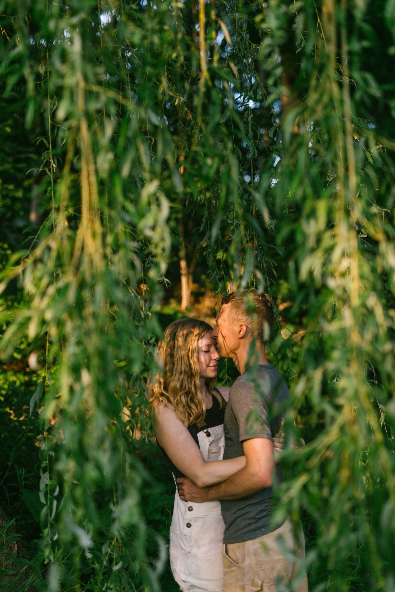 Couple sharing an intimate embrace surrounded by hanging willow branches in golden light.