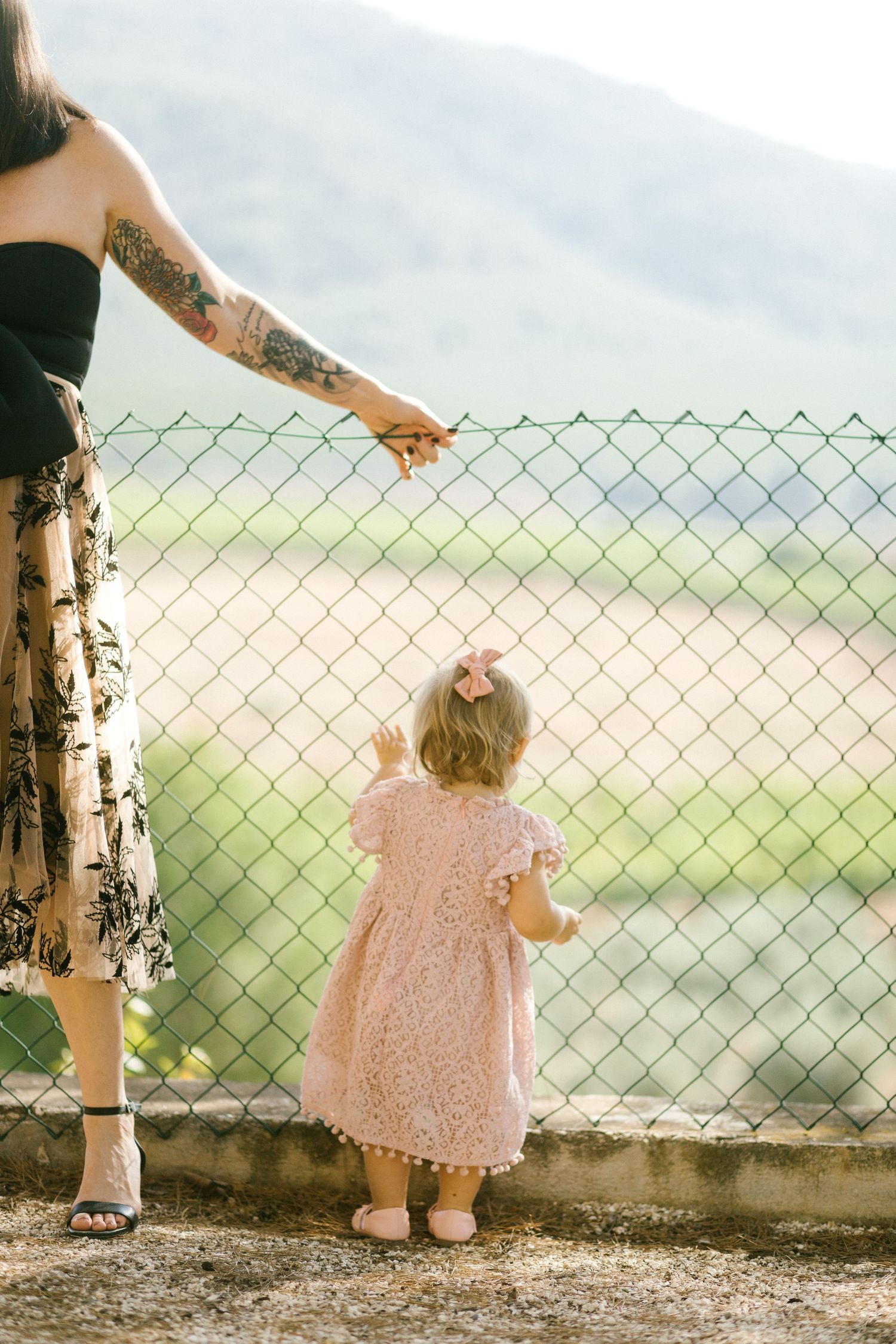A small child in a pink dress stands at a chain link fence looking out at a scenic mountain landscape.