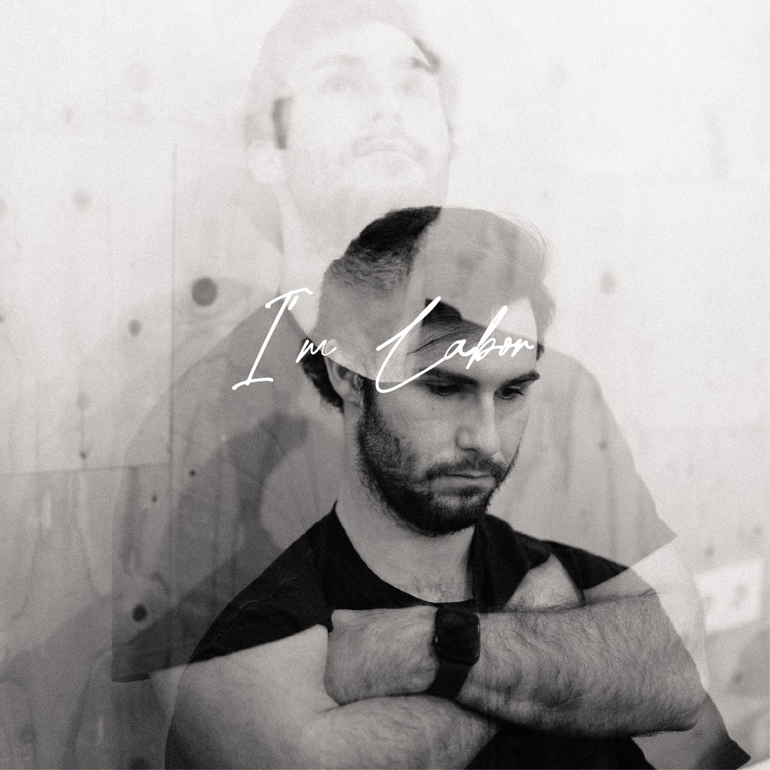 Black and white double exposure portrait with Im Calm text overlay.
