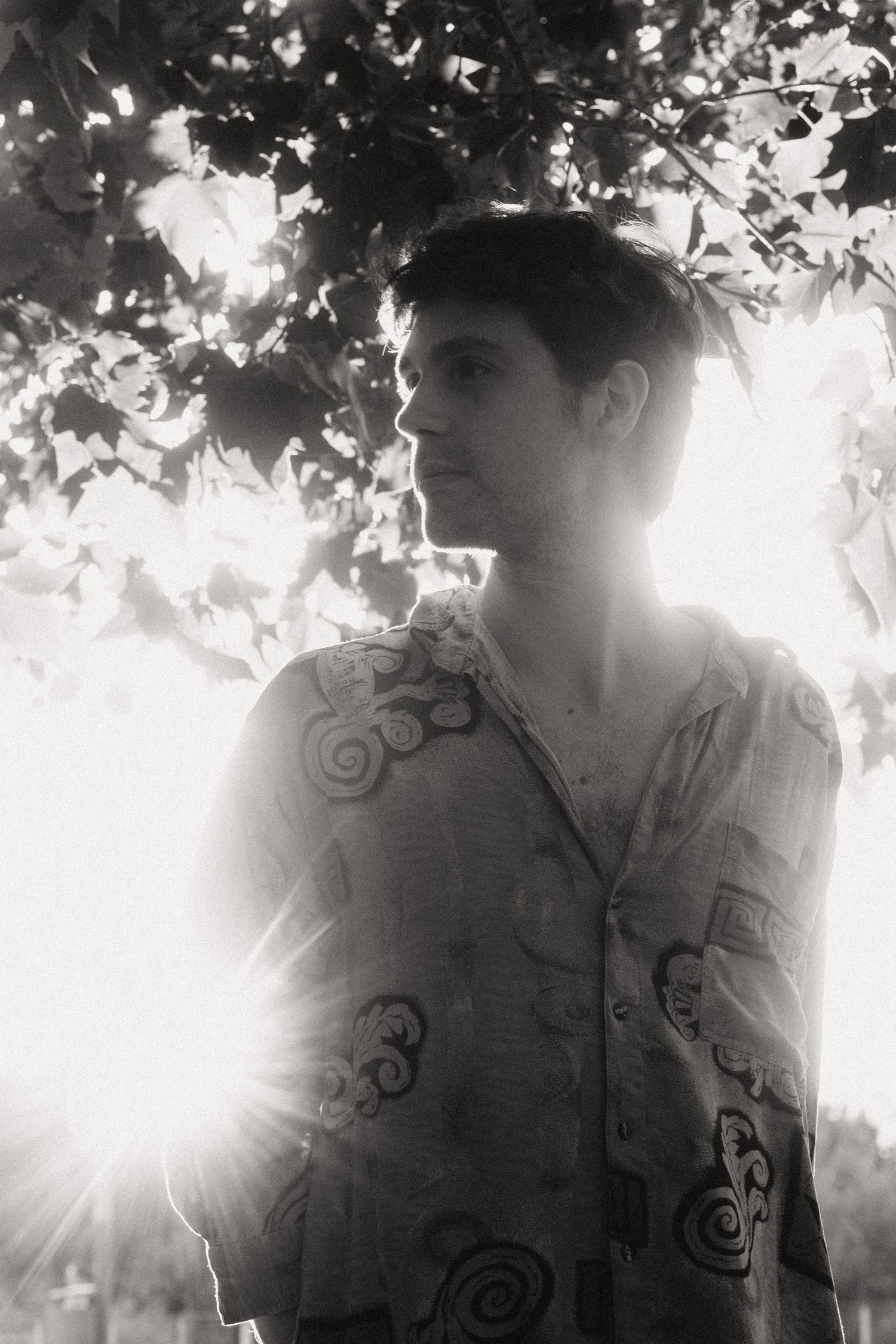 Dreamy black and white portrait of a person standing under sunlit tree branches wearing a patterned shirt.