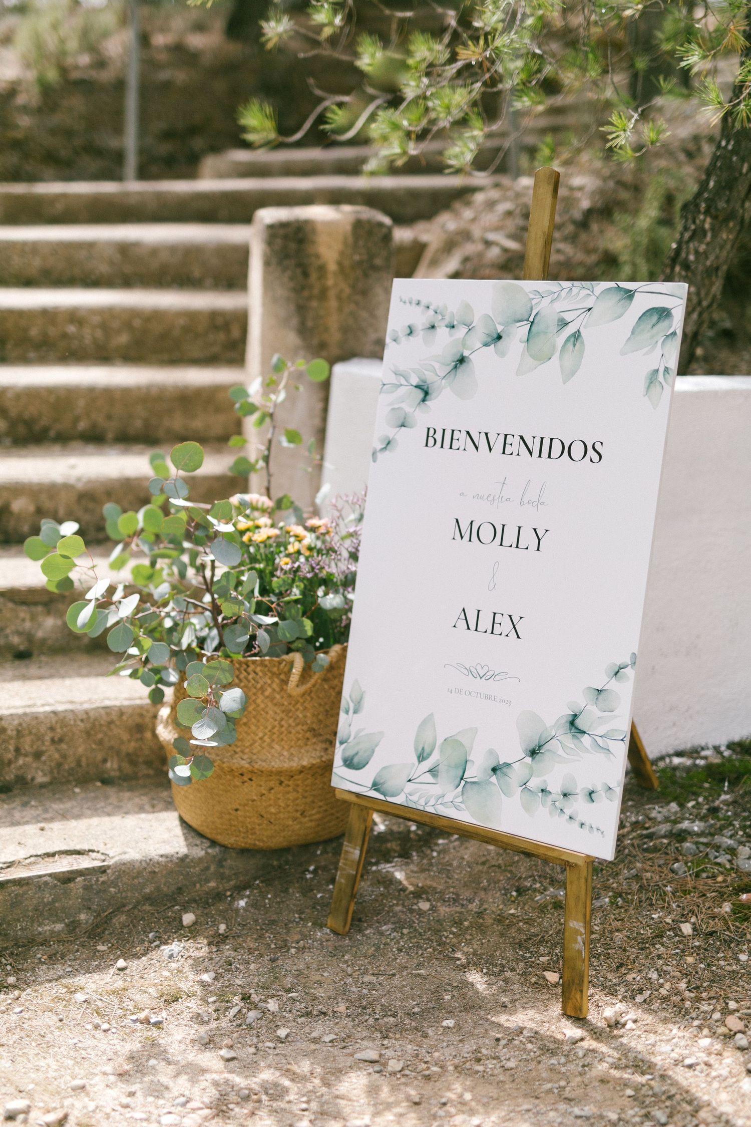 A wedding welcome sign reading 'BIENVENIDOS MOLLY ALEX' with eucalyptus design stands next to potted plants on stone steps.
