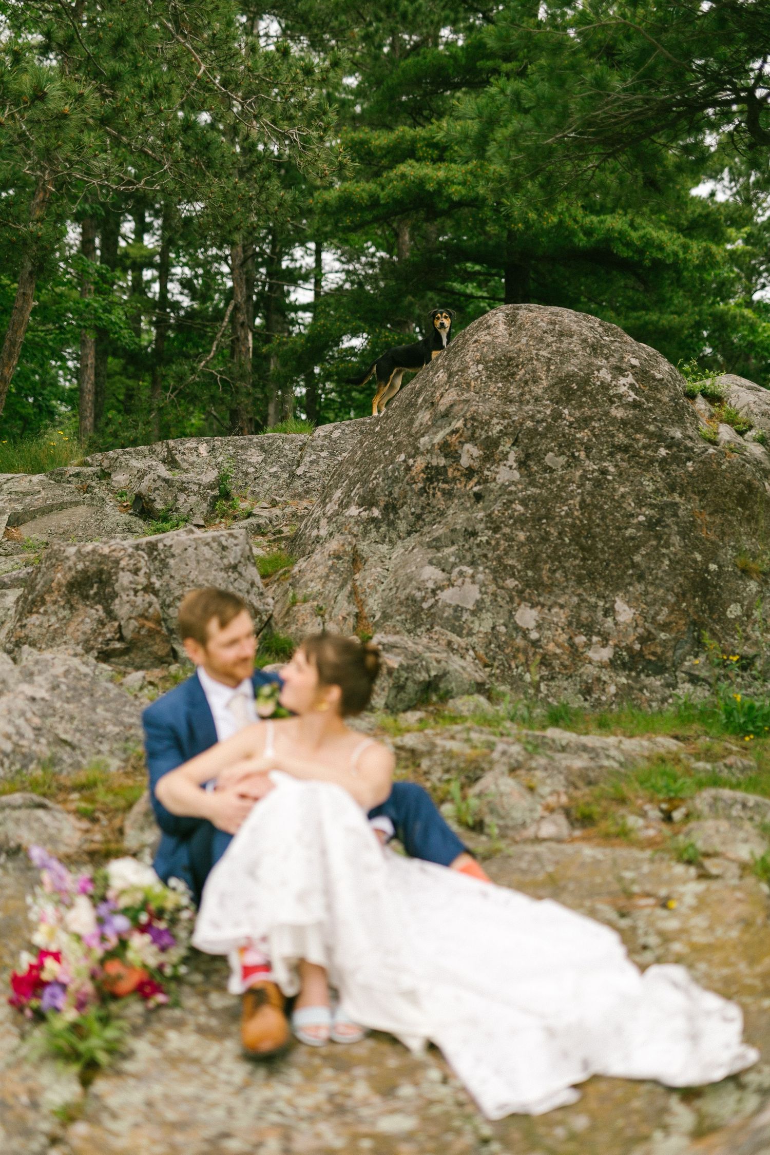 A couple in wedding attire sits intimately on a mossy rock formation surrounded by lush green trees and pink flowers.