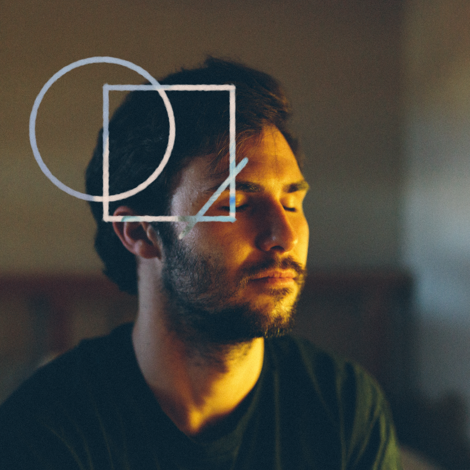 Close-up portrait of a bearded man with geometric logo overlay in warm lighting.