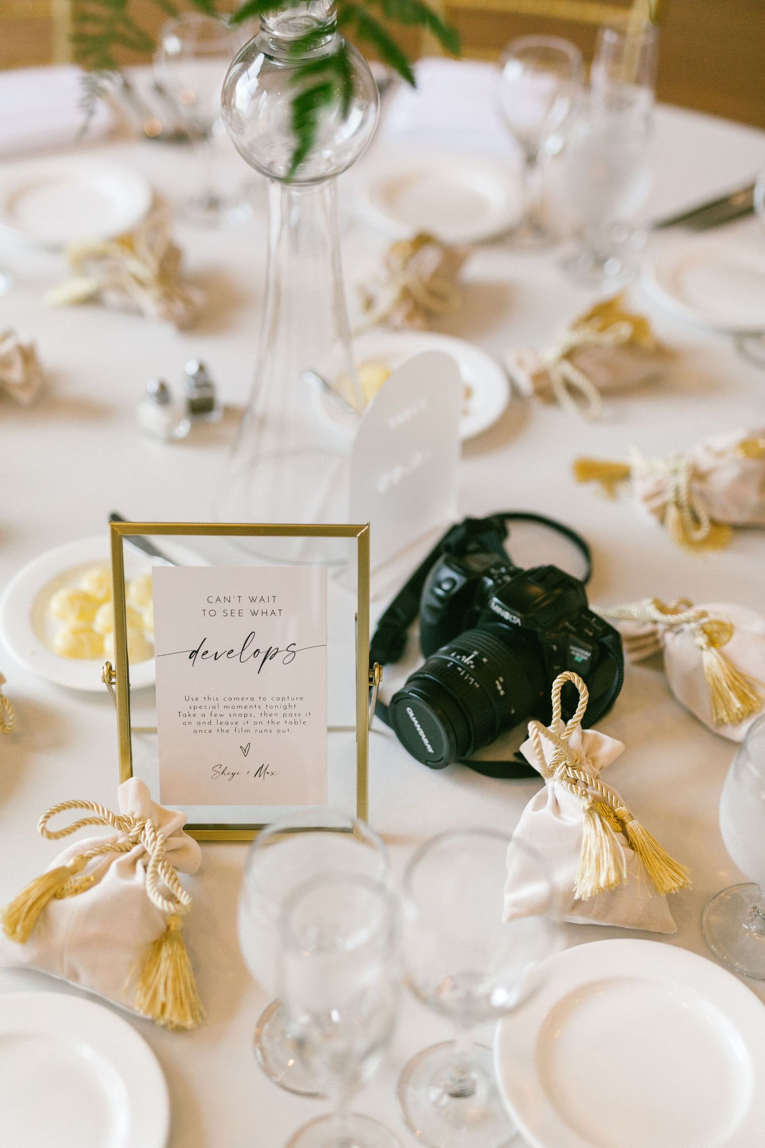 Wedding reception table set with disposable cameras, tassel favors, glassware, and a decorative sign.