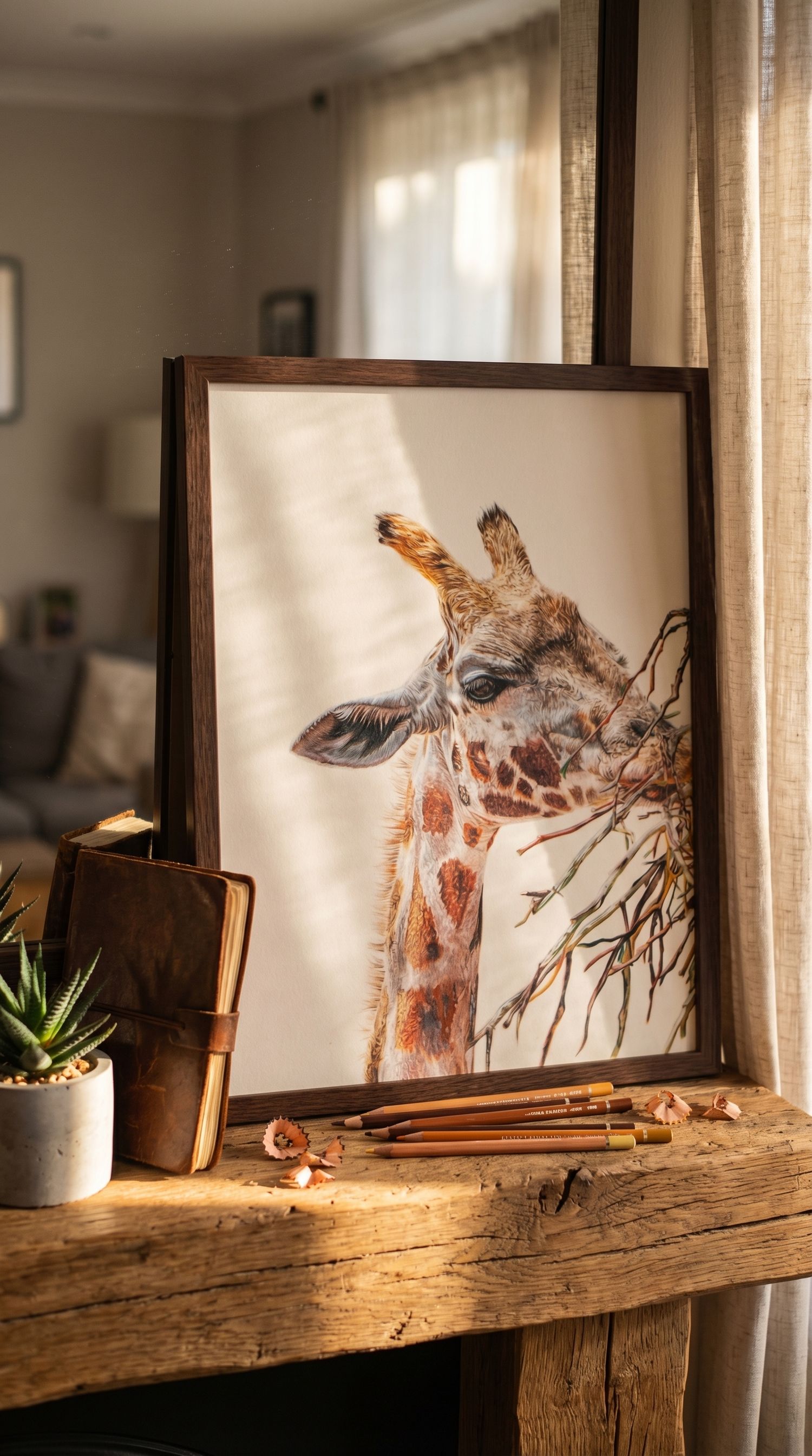 A hand drawn Giraffe print in a dark wooden frame sitting on a desk, for room decor. Adelaide, South Australia