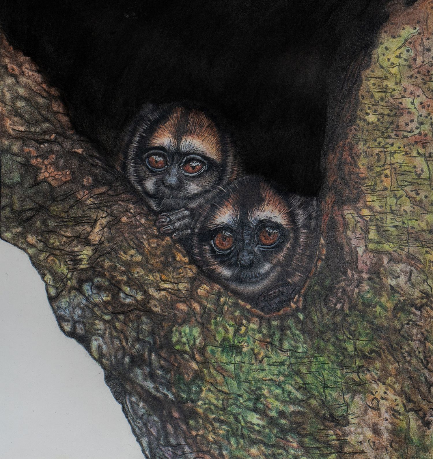 A series of dark hollow logs or tree cavities with glowing eyes peering out from the shadows.