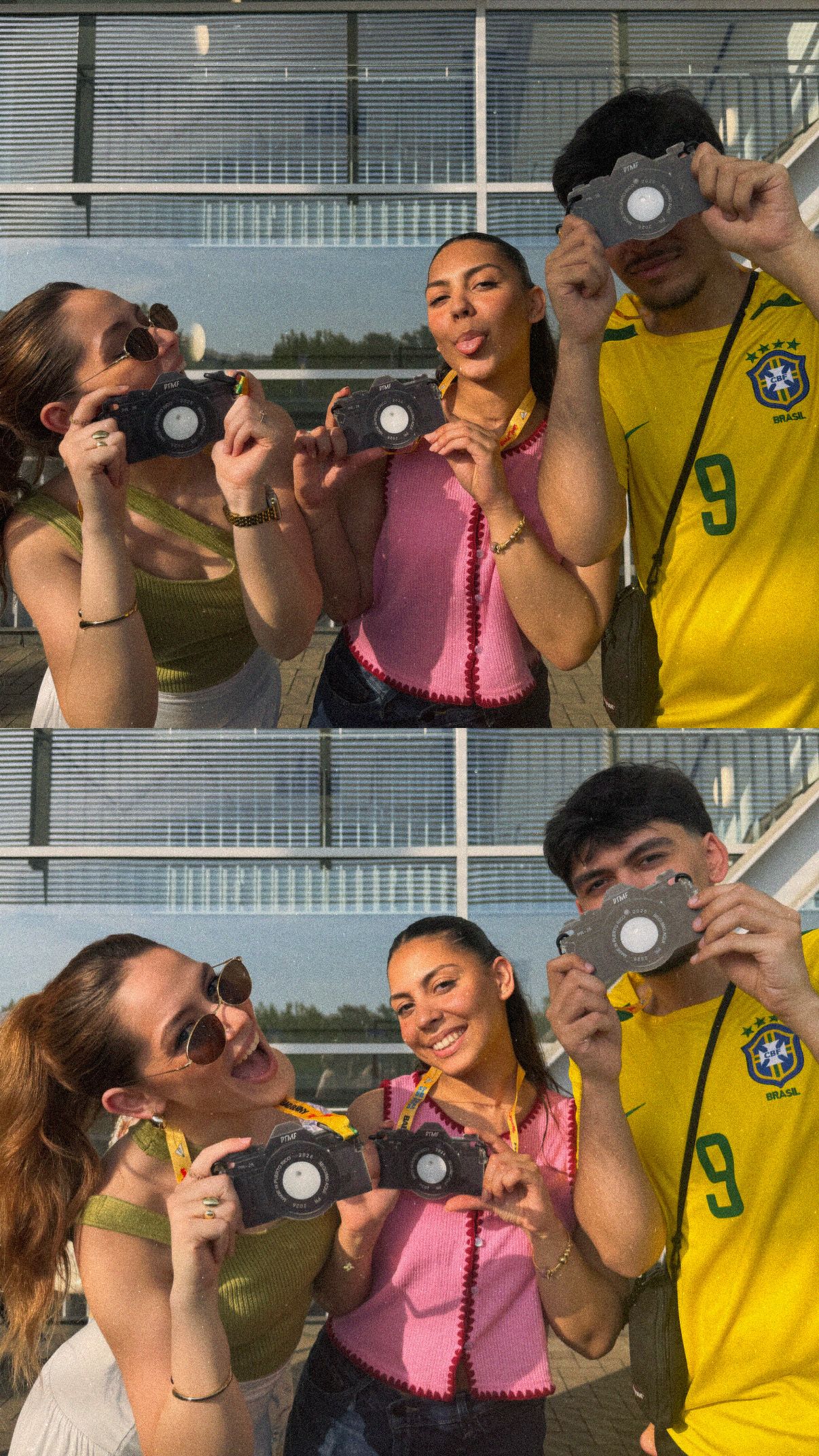 Three friends posing with vintage cameras outdoors, one wearing a Brazil soccer jersey, captured in a double photo collage.