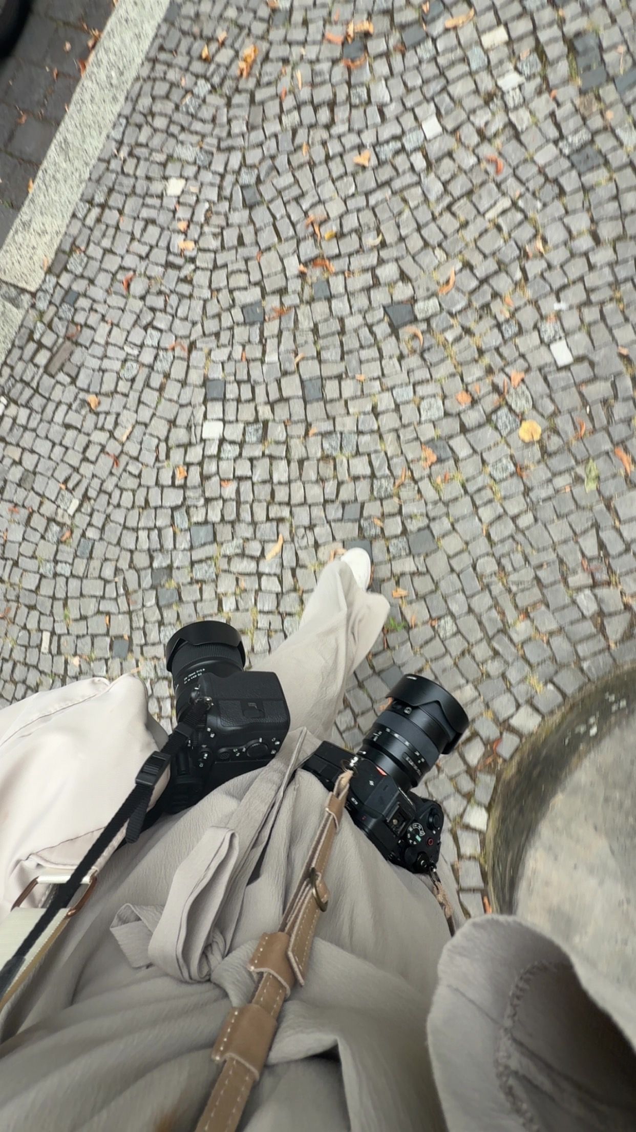 Photographer holding two cameras looks down at cobblestone street below.