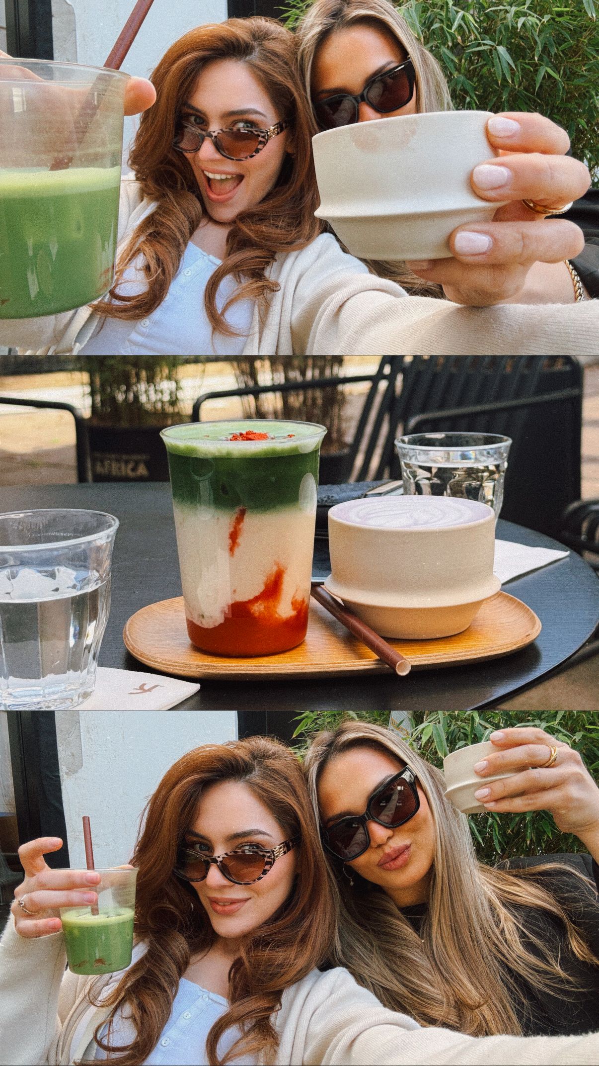 Two women with sunglasses enjoying colorful matcha and latte drinks at an outdoor cafe, shown in a triple photo collage.