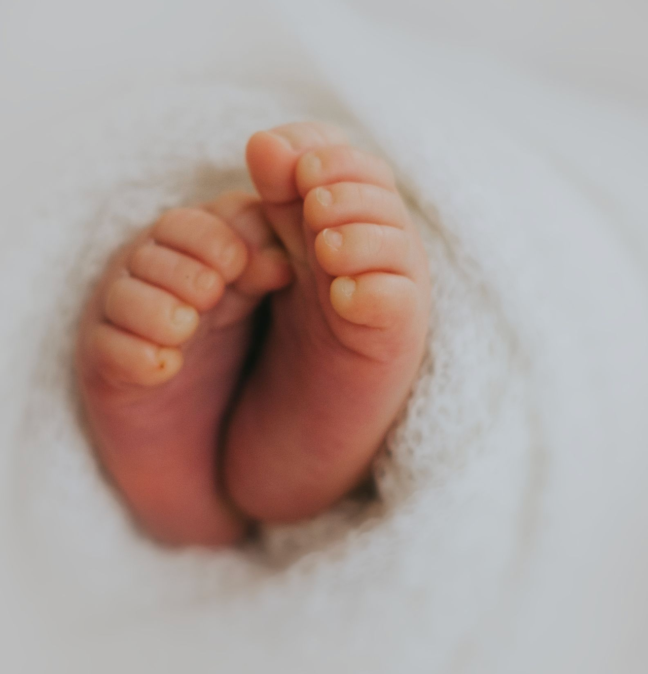 Close-up of tiny newborn baby feet wrapped in soft white blanket, perfect newborn photography.