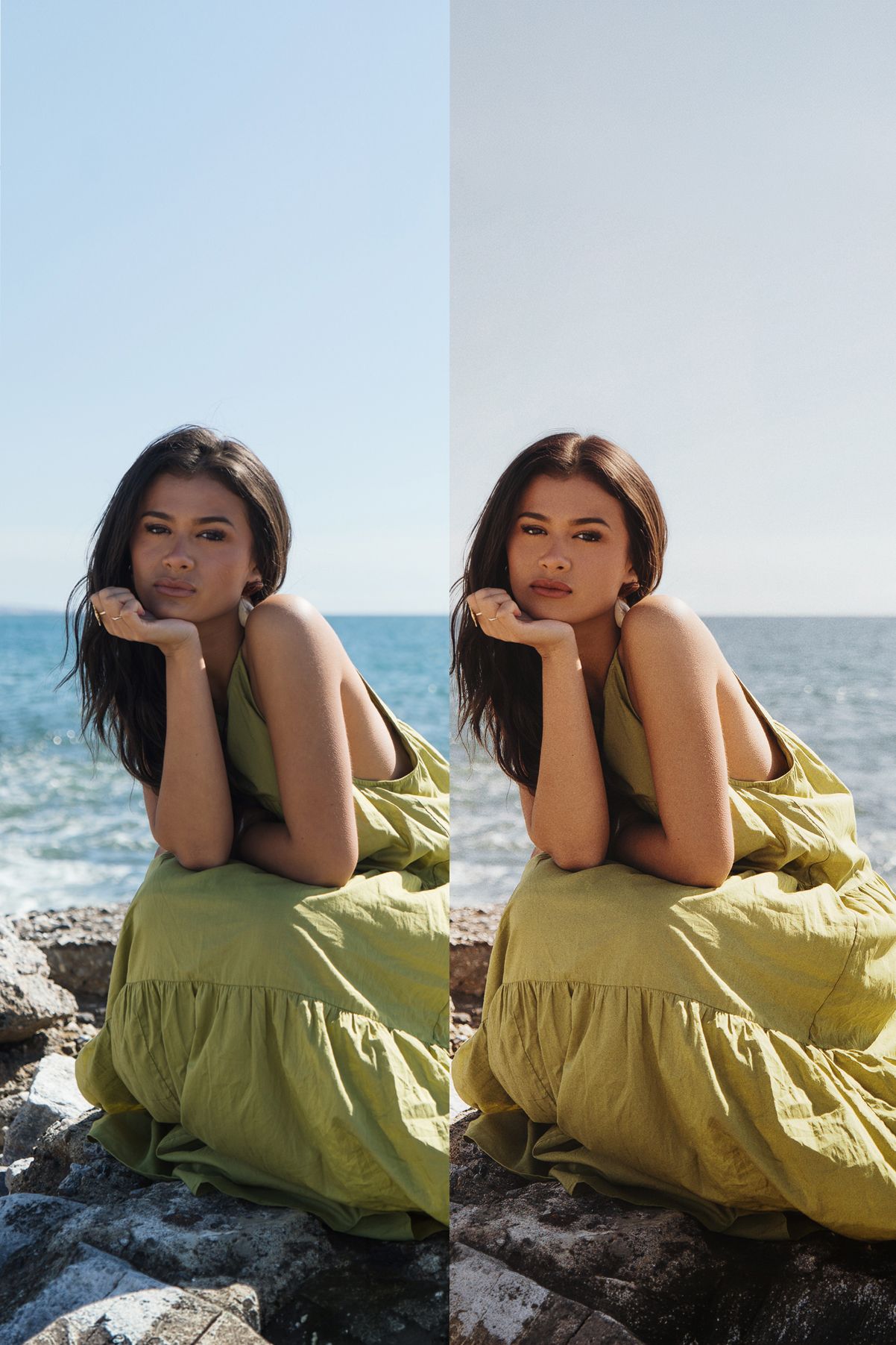 Before and after photo editing comparison of a young woman in a green dress posing on rocks by the ocean.