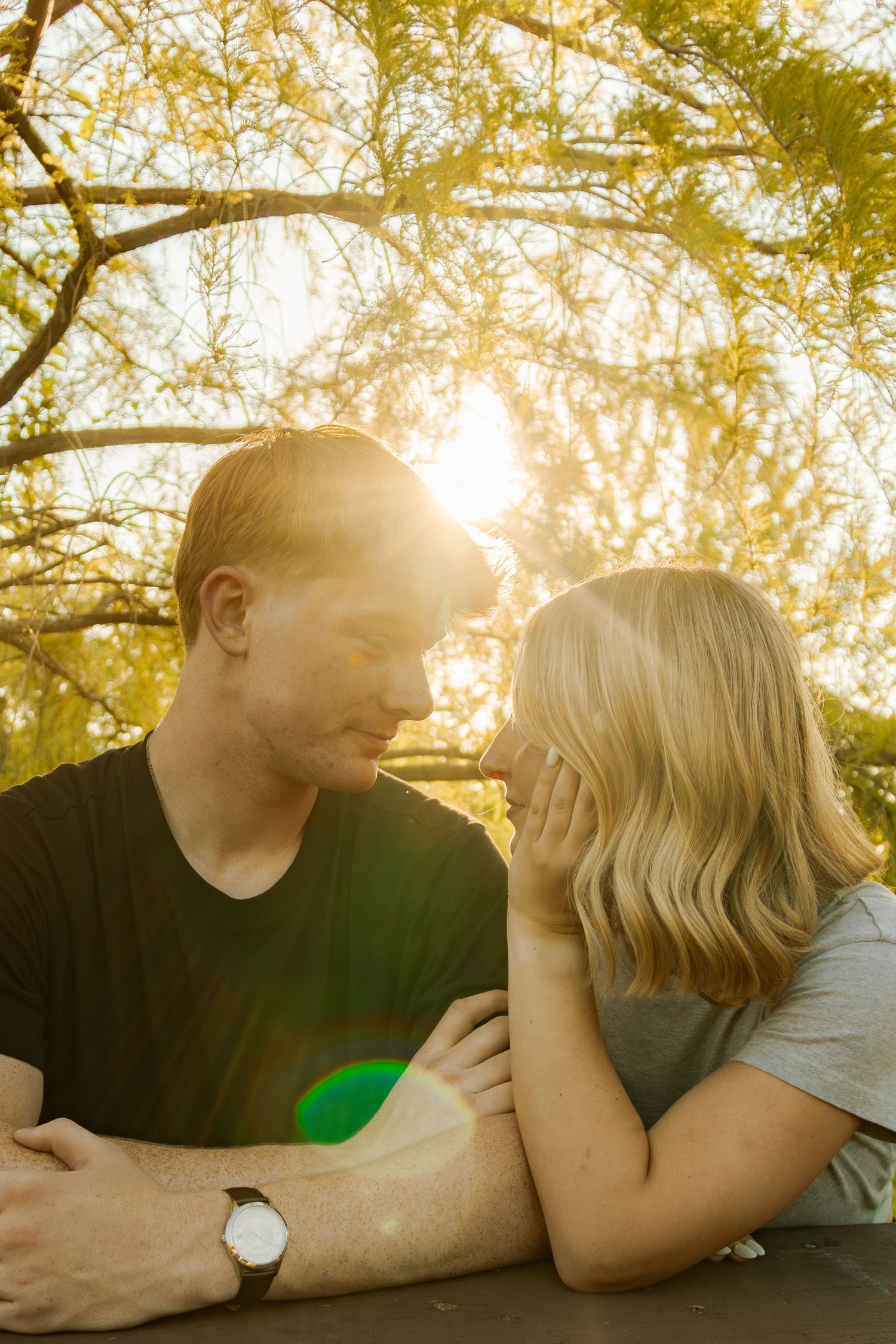 A tender embrace photographed in warm golden sunlight under tree branches.