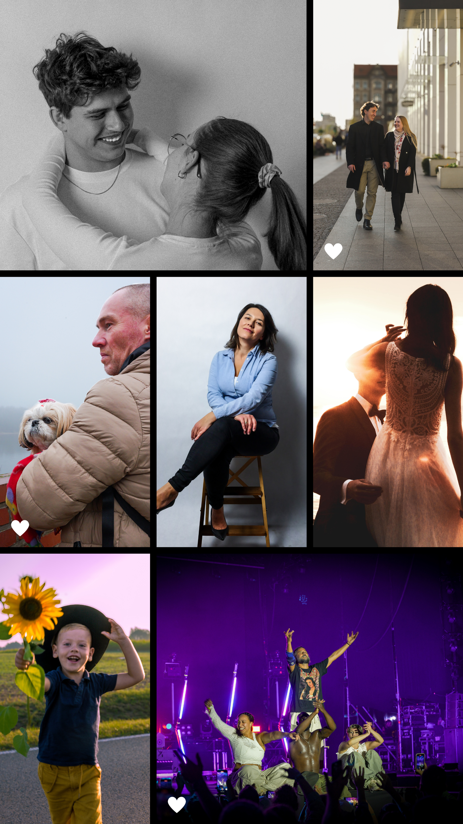 Collection of candid lifestyle and concert photography moments showing joy and connection.