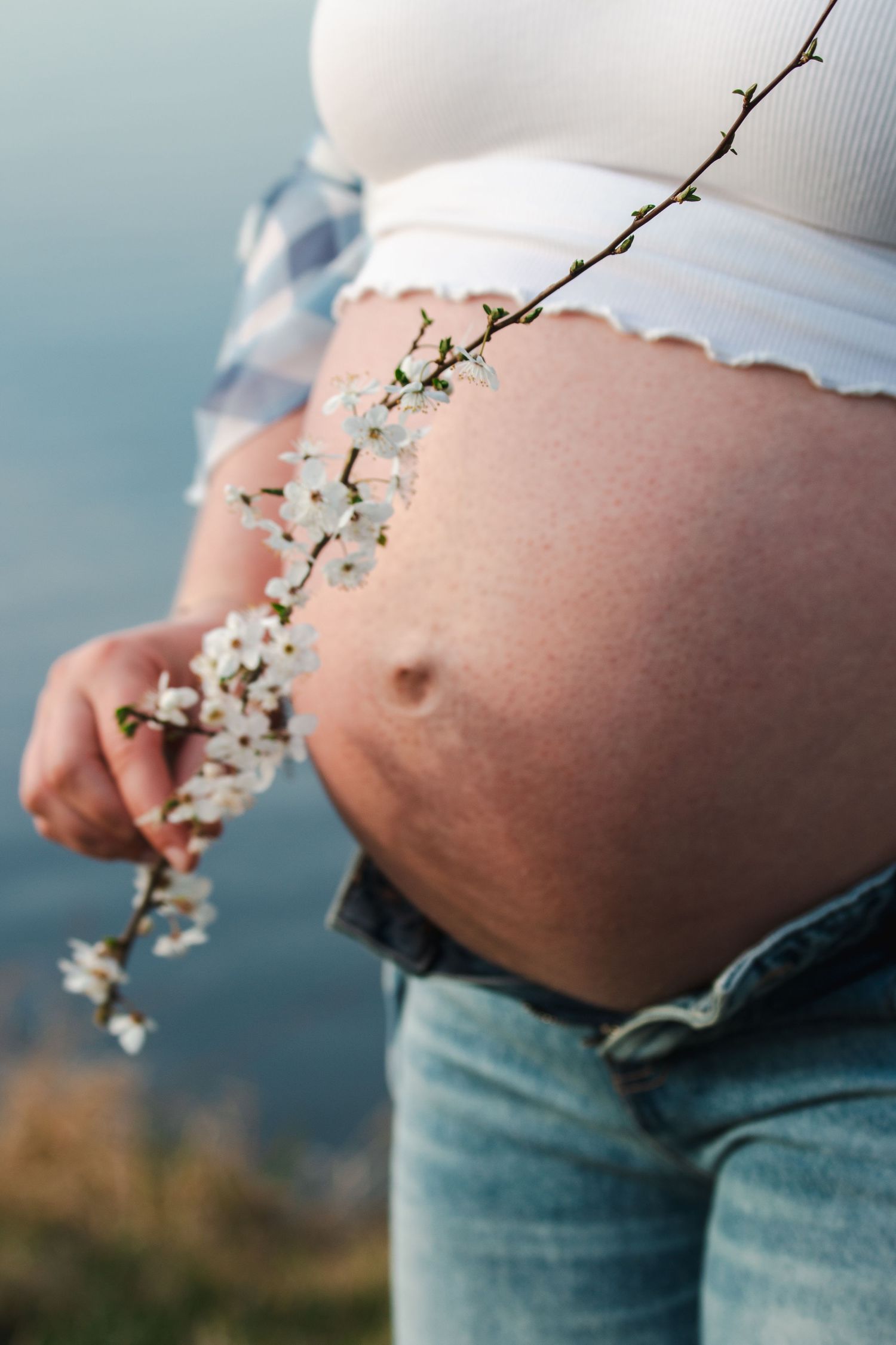 Pregnant woman holding a delicate white cherry blossom branch against her bare baby bump, wearing jeans and a white crop top.