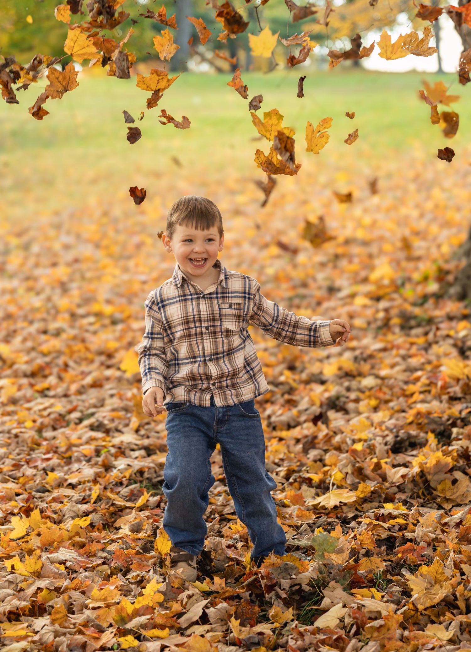 Young child playing in a pile of golden autumn leaves on a sunny fall day in a park.