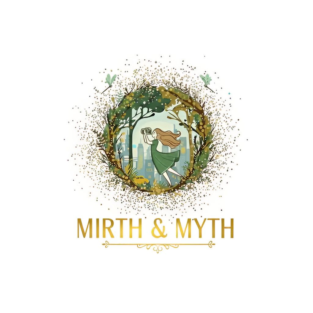 Whimsical circular logo design featuring a forest scene with ethereal figures and text reading 'Mirth & Myth' below.