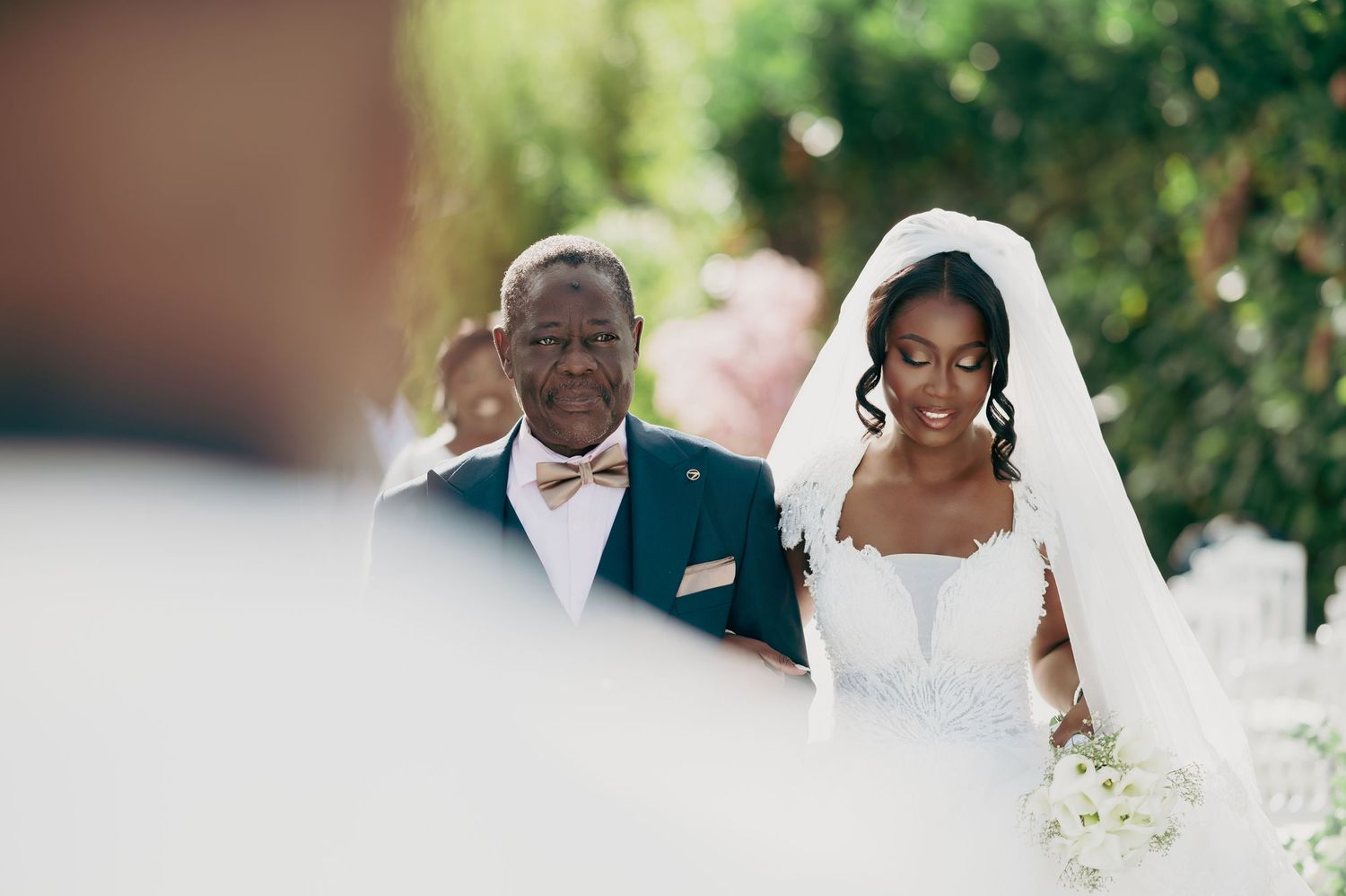 A bride in a white gown and veil is escorted by an older man in a navy suit at an outdoor wedding ceremony.