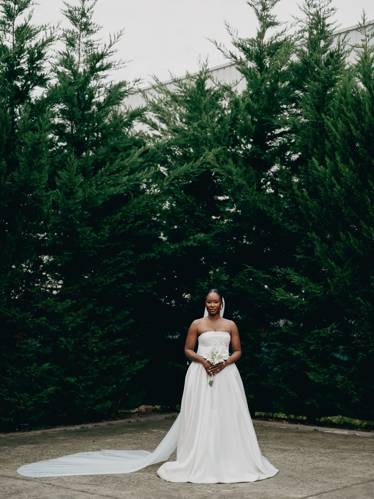 Black bride in strapless white ball gown with long train standing alone before tall green cypress trees.