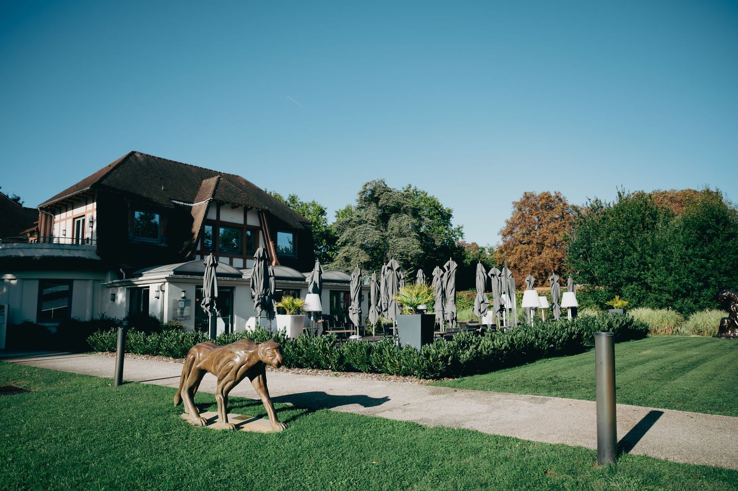 A charming wedding venue with a horse statue on the lawn under a clear blue sky.