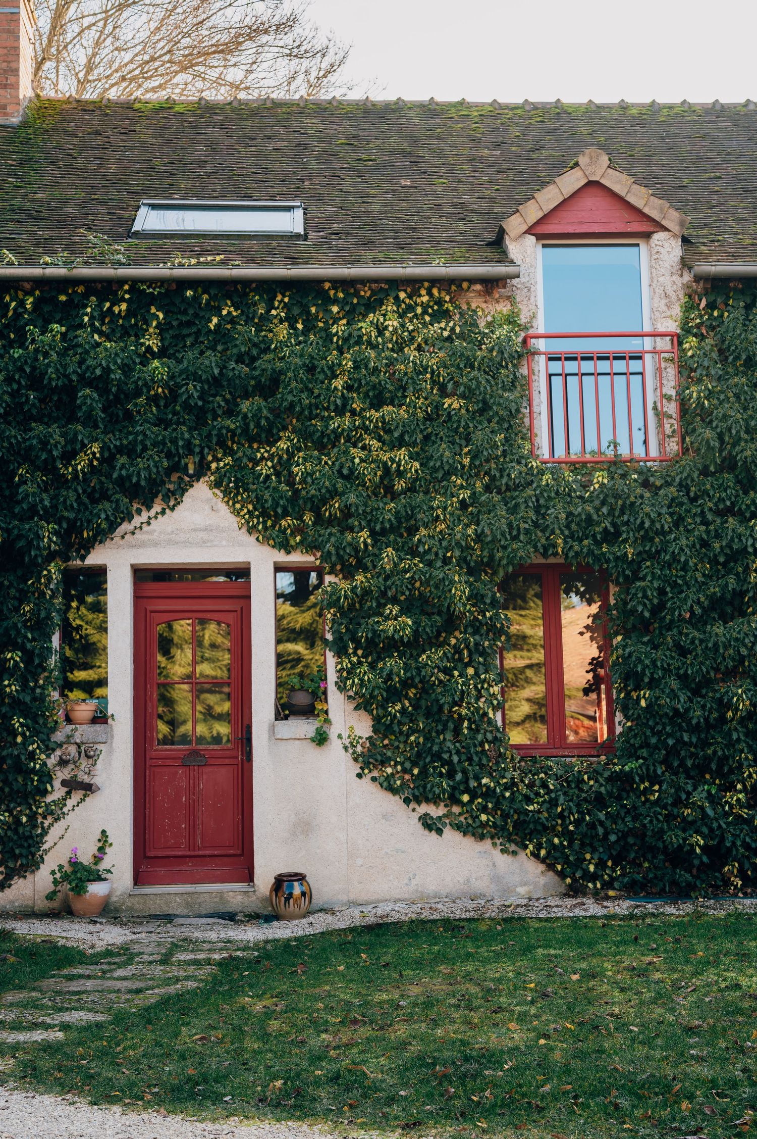 Charming French countryside cottage with ivy-covered walls and a classic red wooden door.