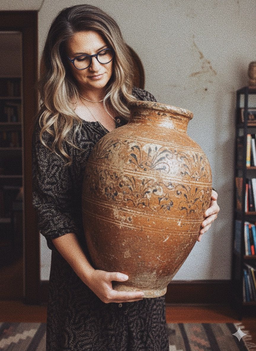 Ornate ceramic vessel with intricate carved patterns being showcased against a neutral background.