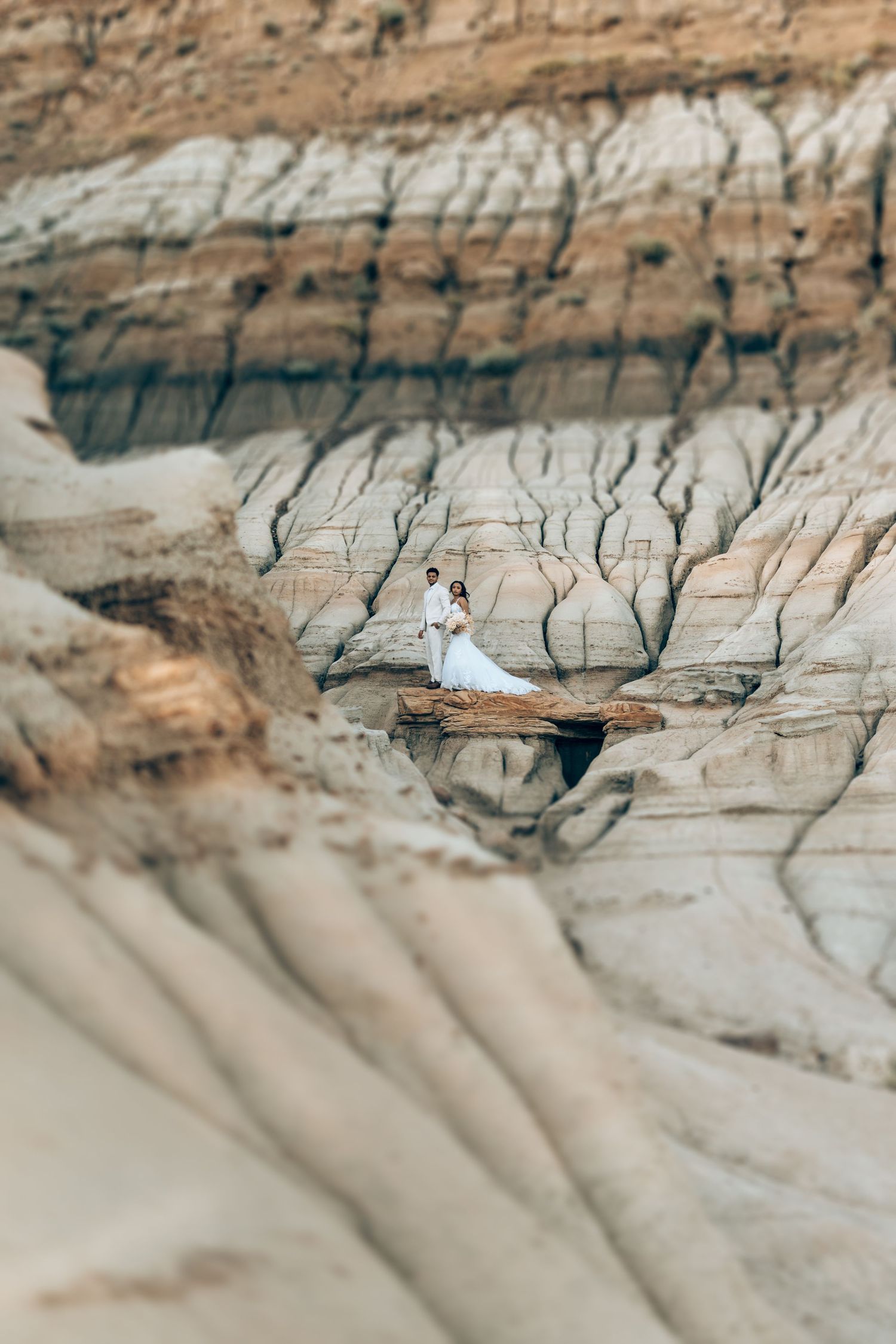 Desert landscape with layered rock formations in muted earth tones.