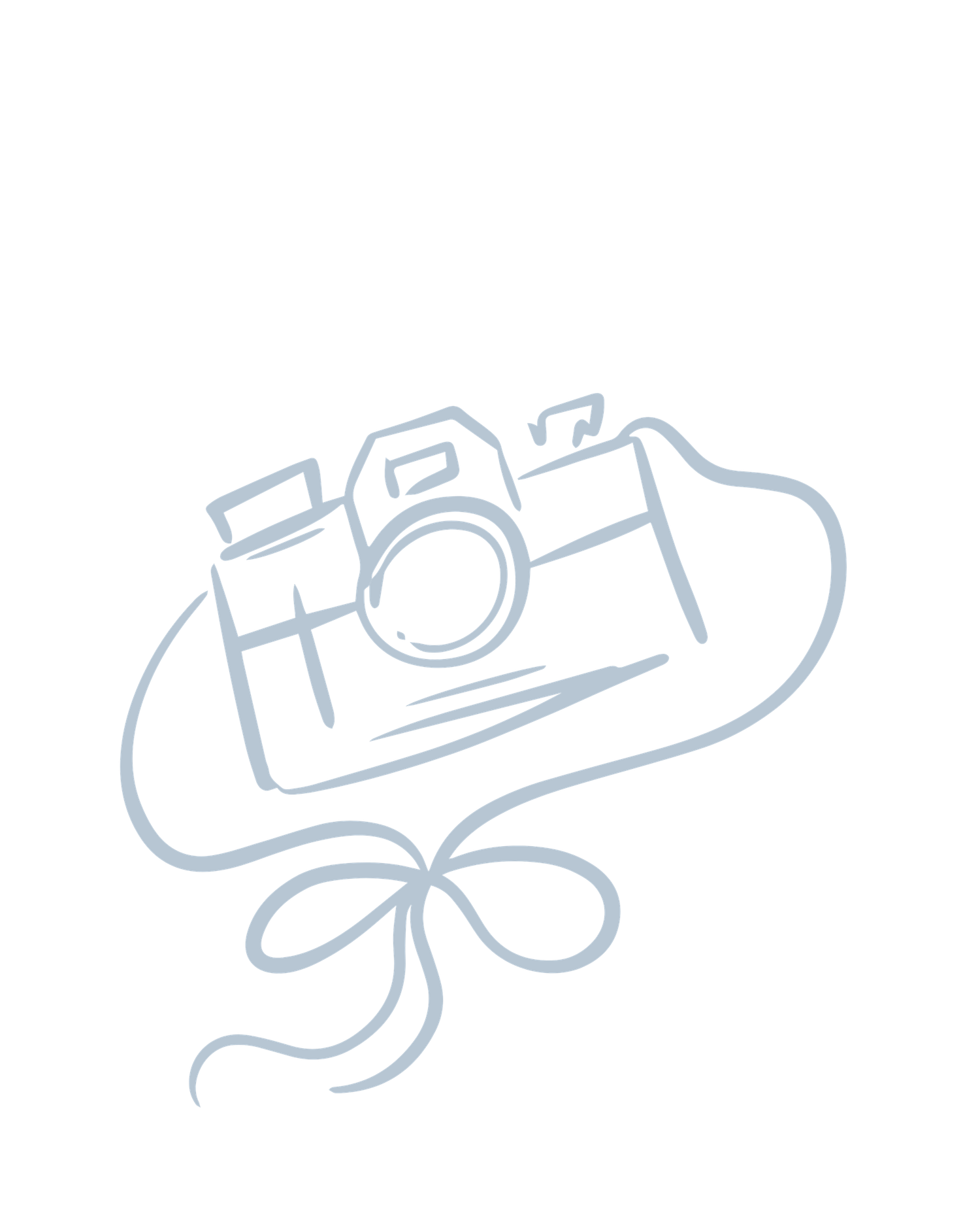 A delicate hand-drawn camera with a ribbon bow, illustrated in soft blue tones on a white background.