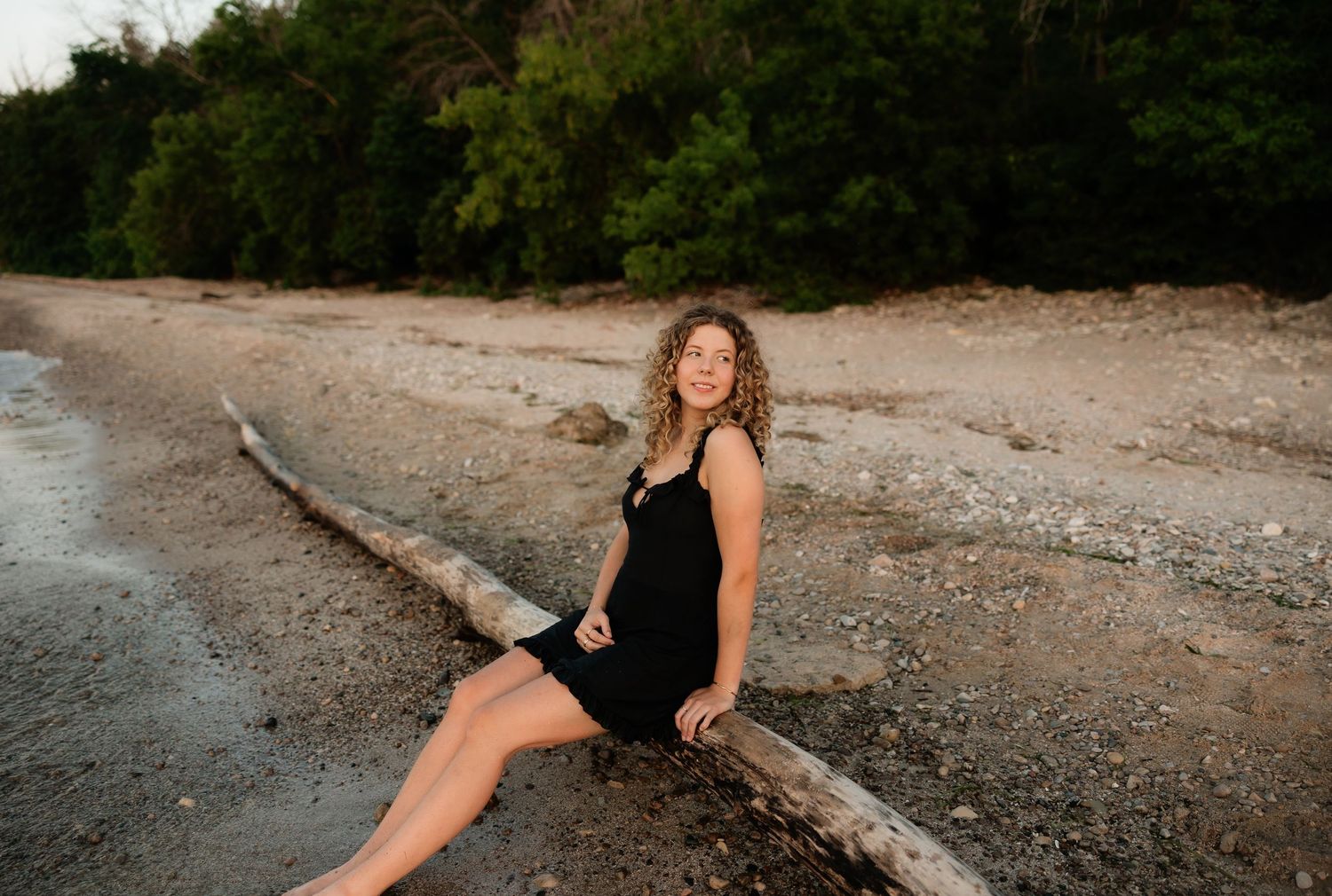 A young woman with curly hair in a black dress sits on a driftwood log on a sandy beach with trees behind her.