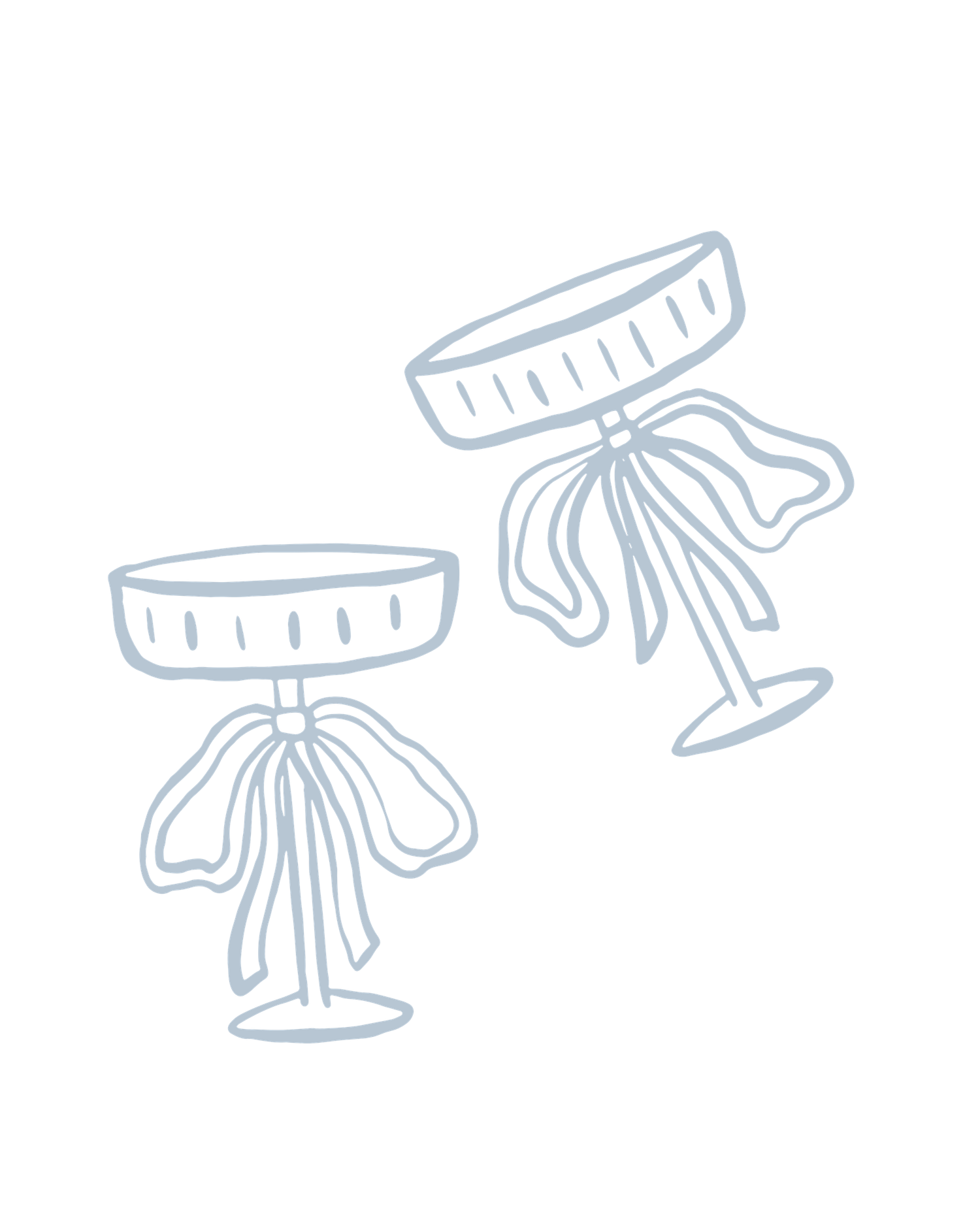 Two elegant champagne coupe glasses with decorative ribbon bows, illustrated in soft blue sketch style.