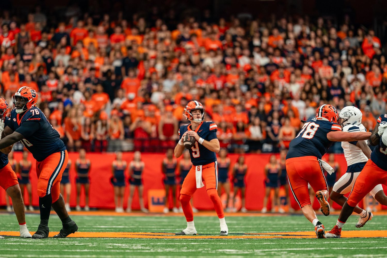Syracuse football player Steve Angeli in the pocket against University of New Hampshire on September 5th 2026
