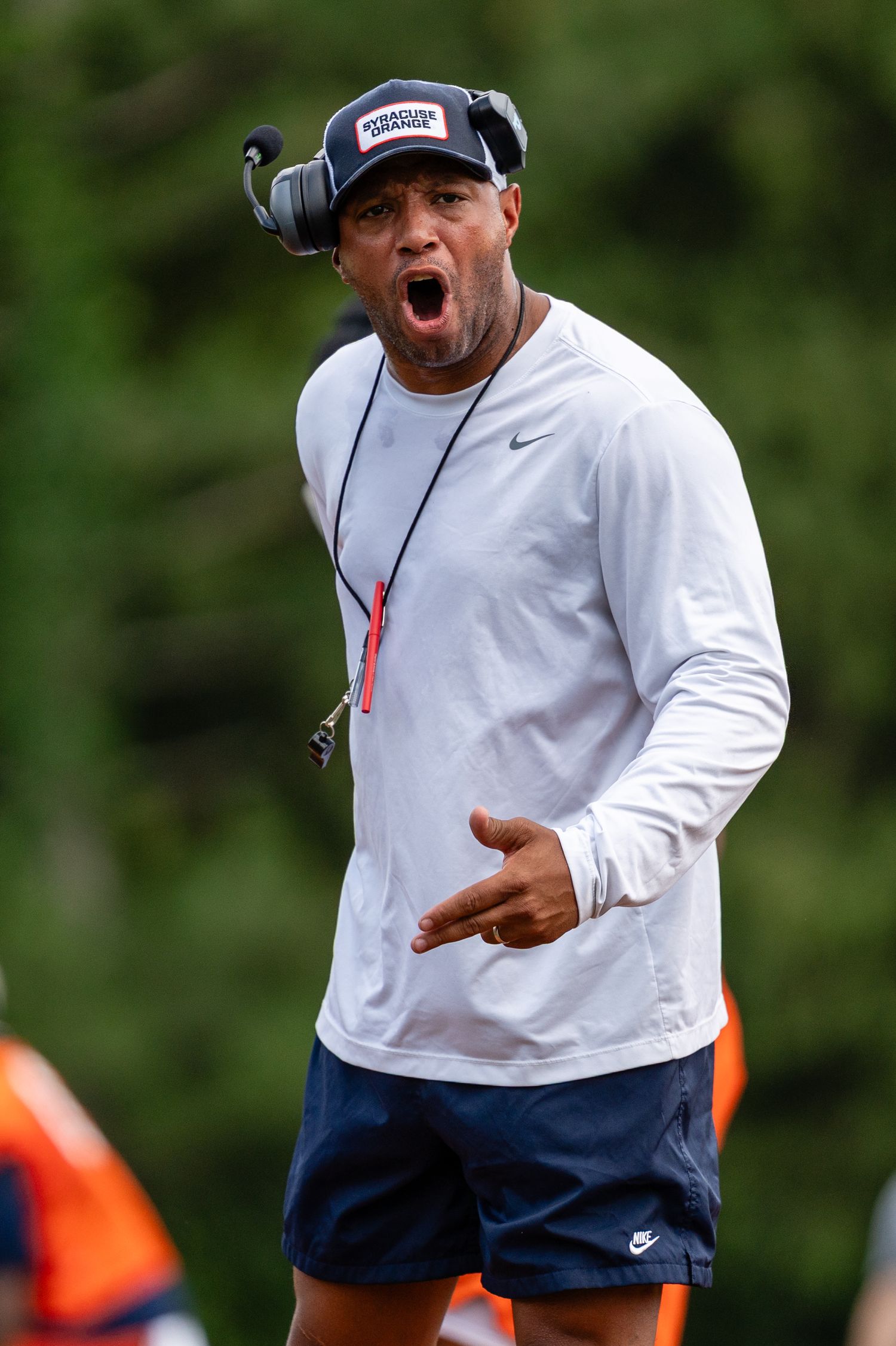 Syracuse football coach yells in practice