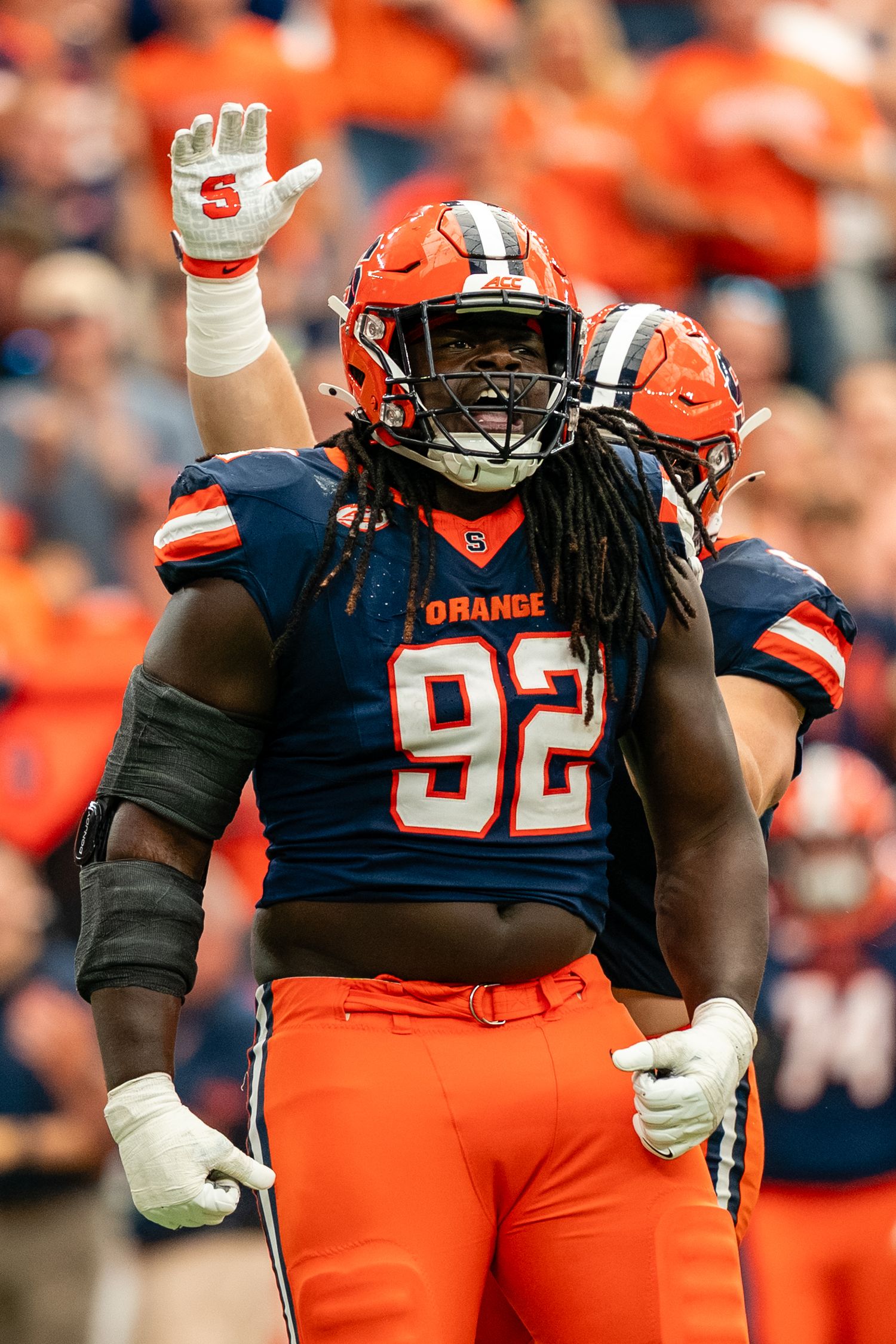 Syracuse football player Rashard Perry celebrates after getting an interception against theUniversity of New Hampshire on September 5th 2026