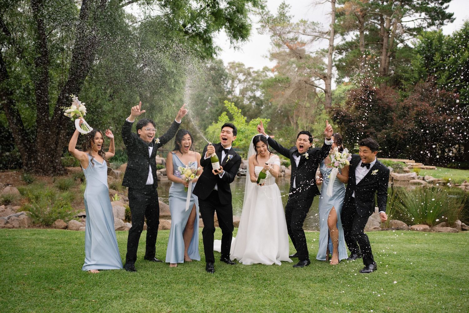 Wedding party celebrating on a lush green lawn with trees in the background.