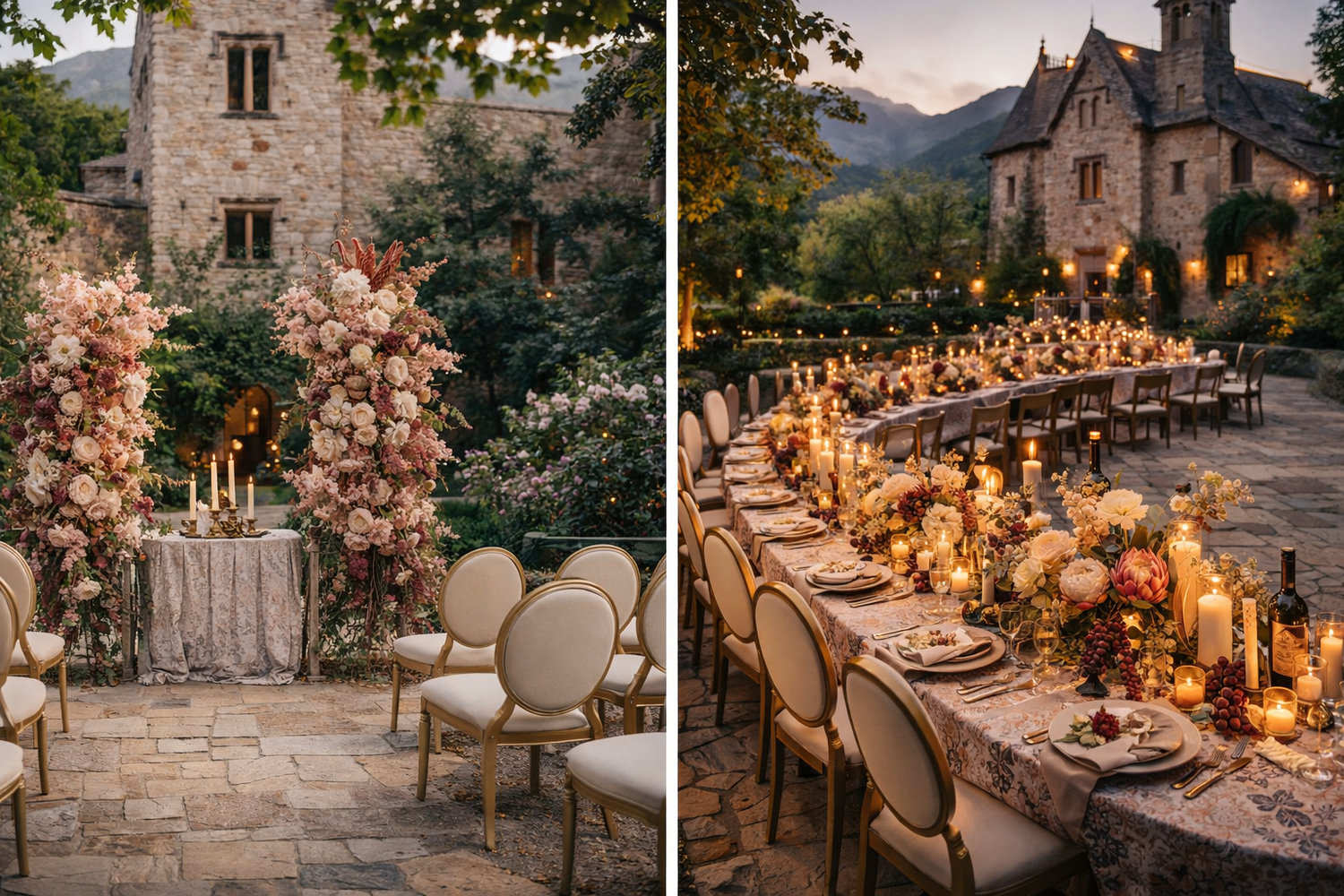 Elegant outdoor wedding reception setup at stone castle venue with floral arch and candlelit dining table at sunset.