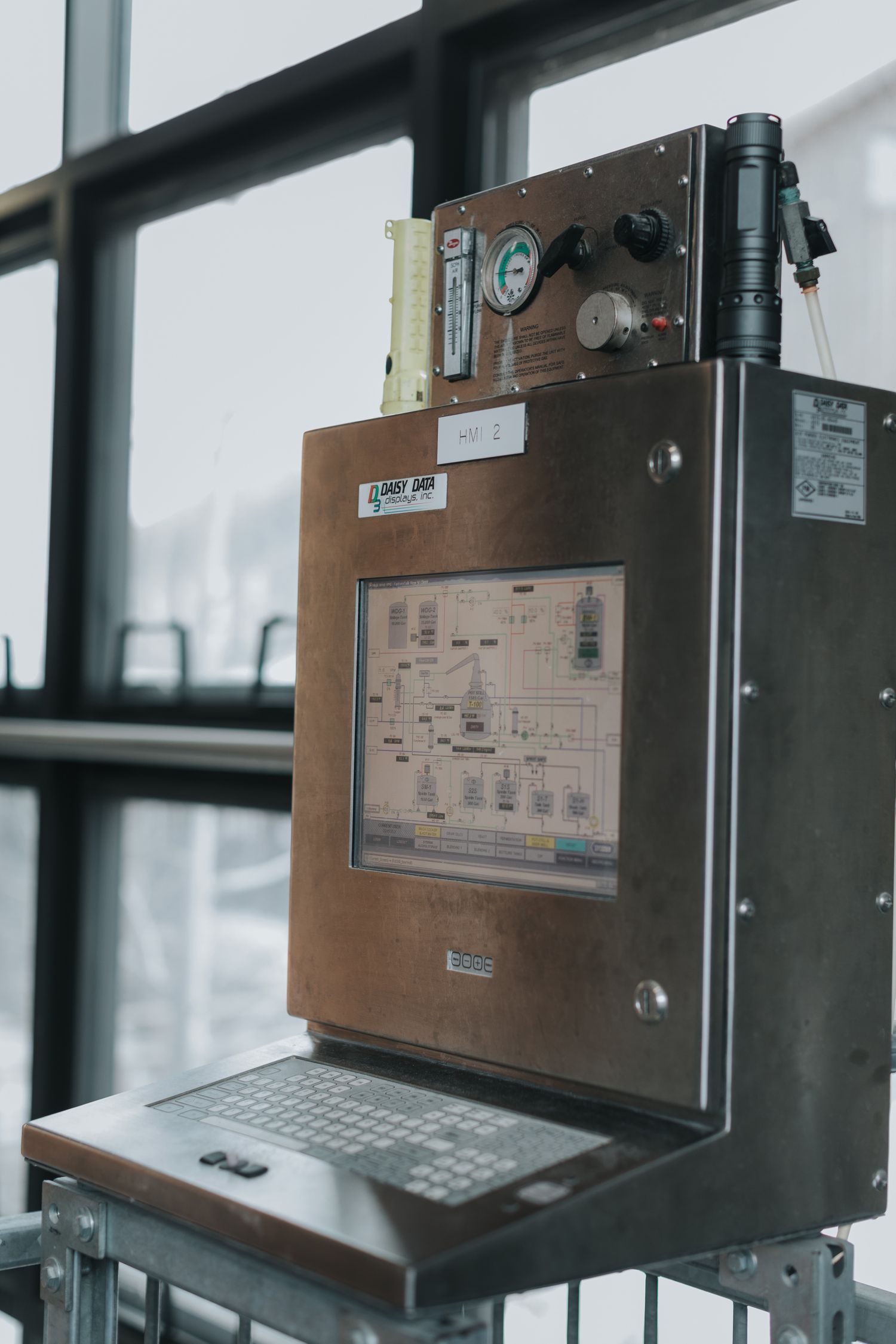 Control panel displays and monitoring screens mounted on industrial equipment.