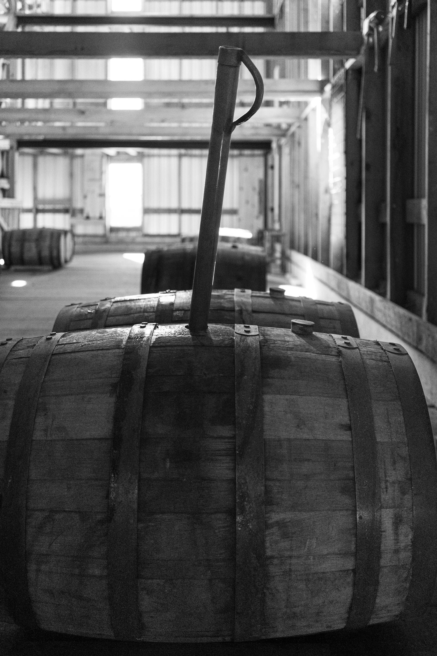 Large wooden whiskey barrel with metal bands in black and white.