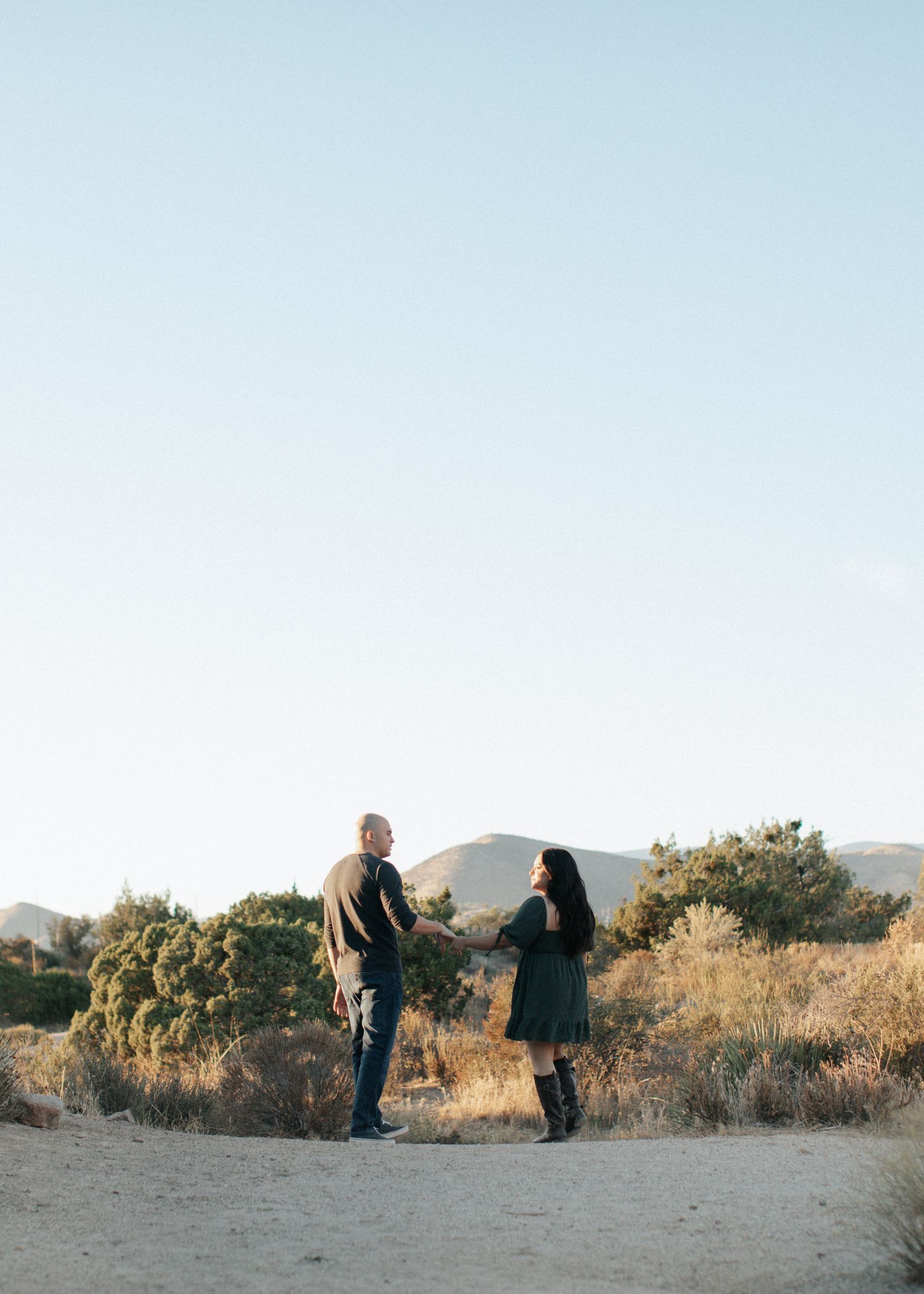 A couple poses together in a desert landscape during golden hour.