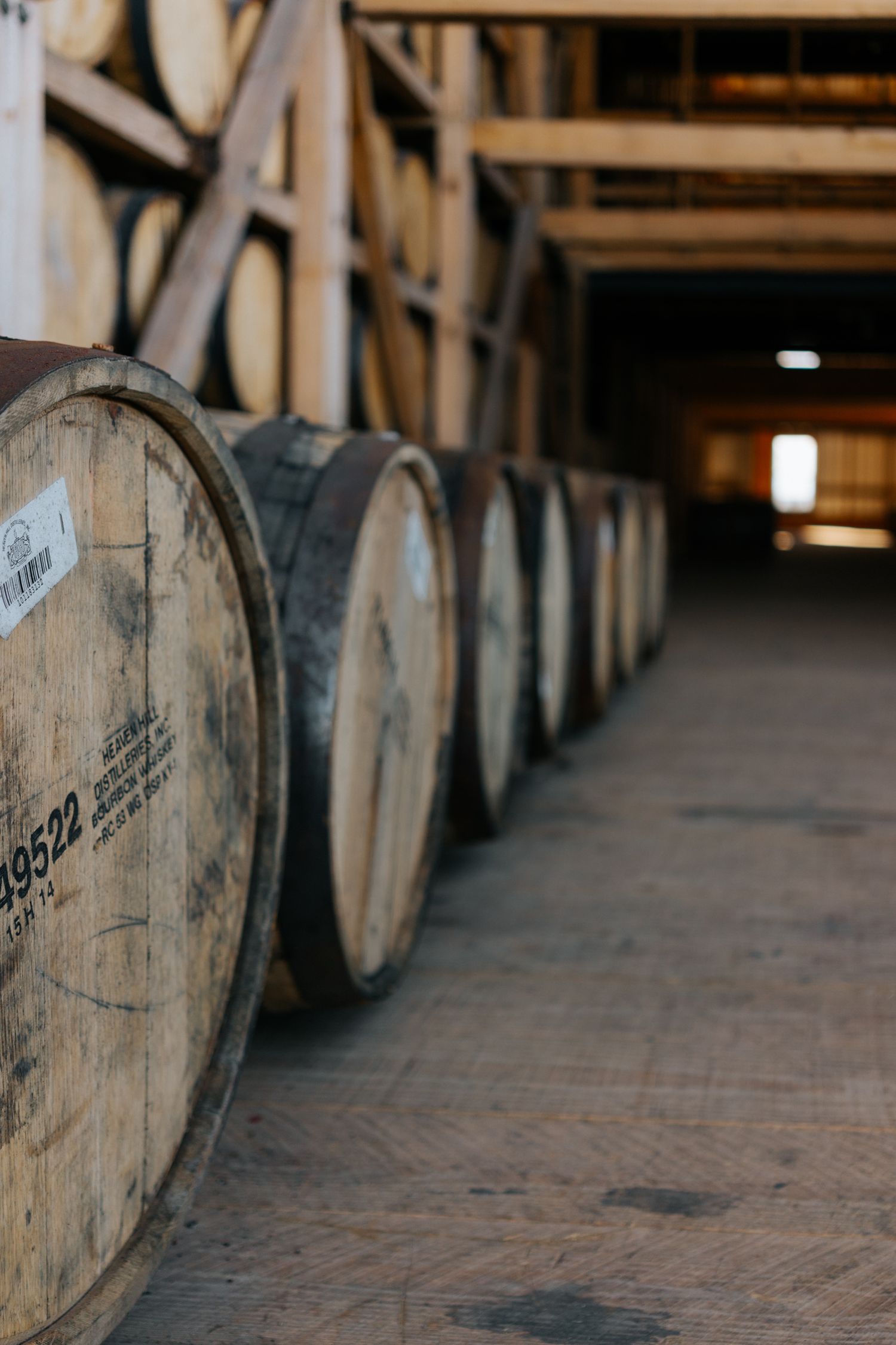 Wooden whiskey barrels lined up in a dark aging warehouse.