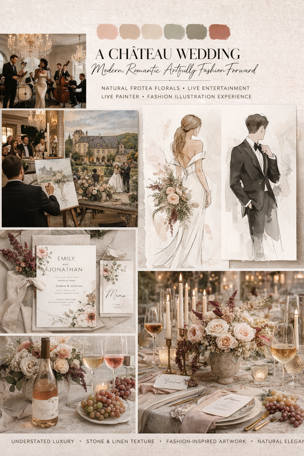 A romantic chateau wedding mood board featuring neutral colors, floral arrangements, table settings and elegant stationery.