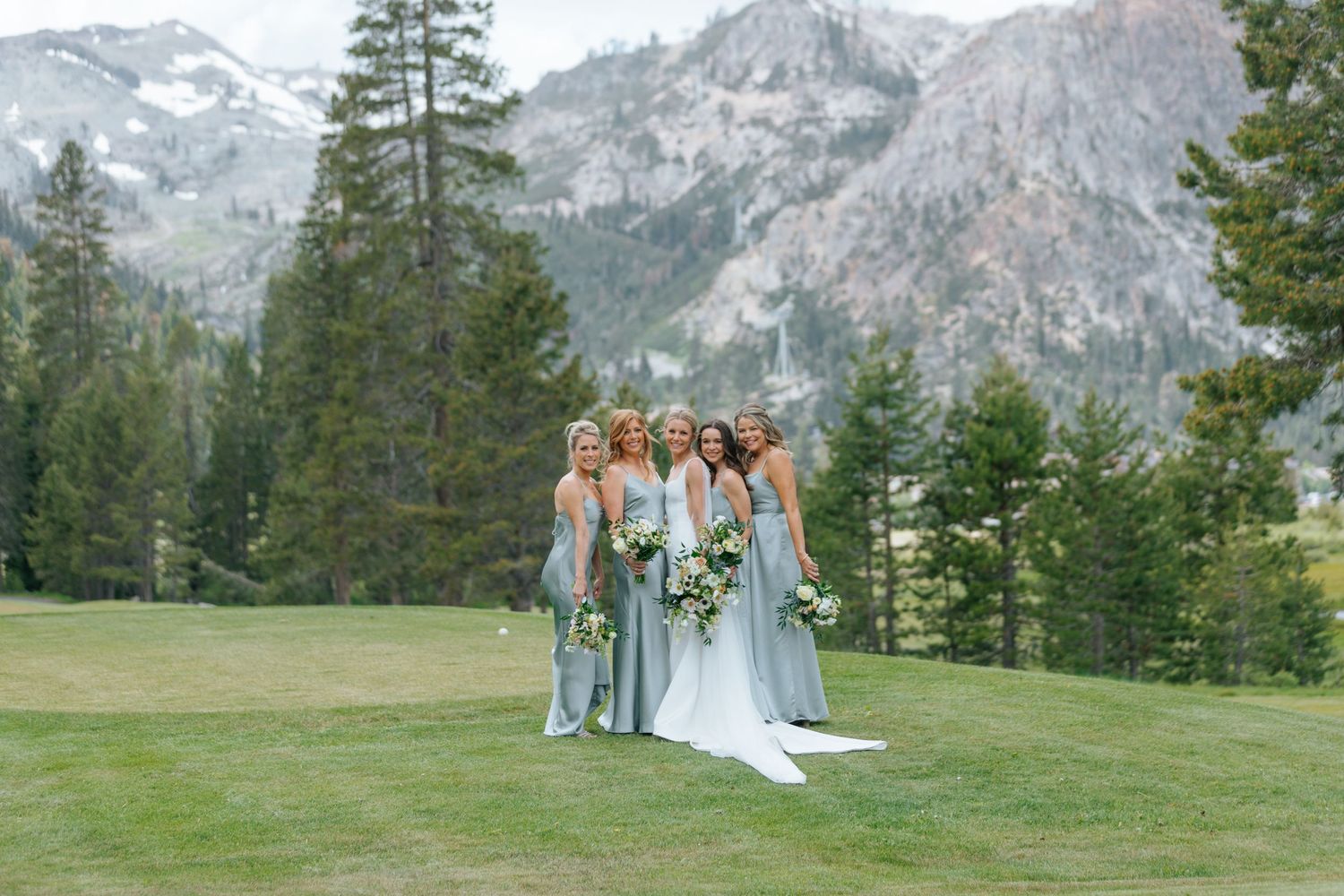Wedding party poses with scenic mountain landscape in the background.