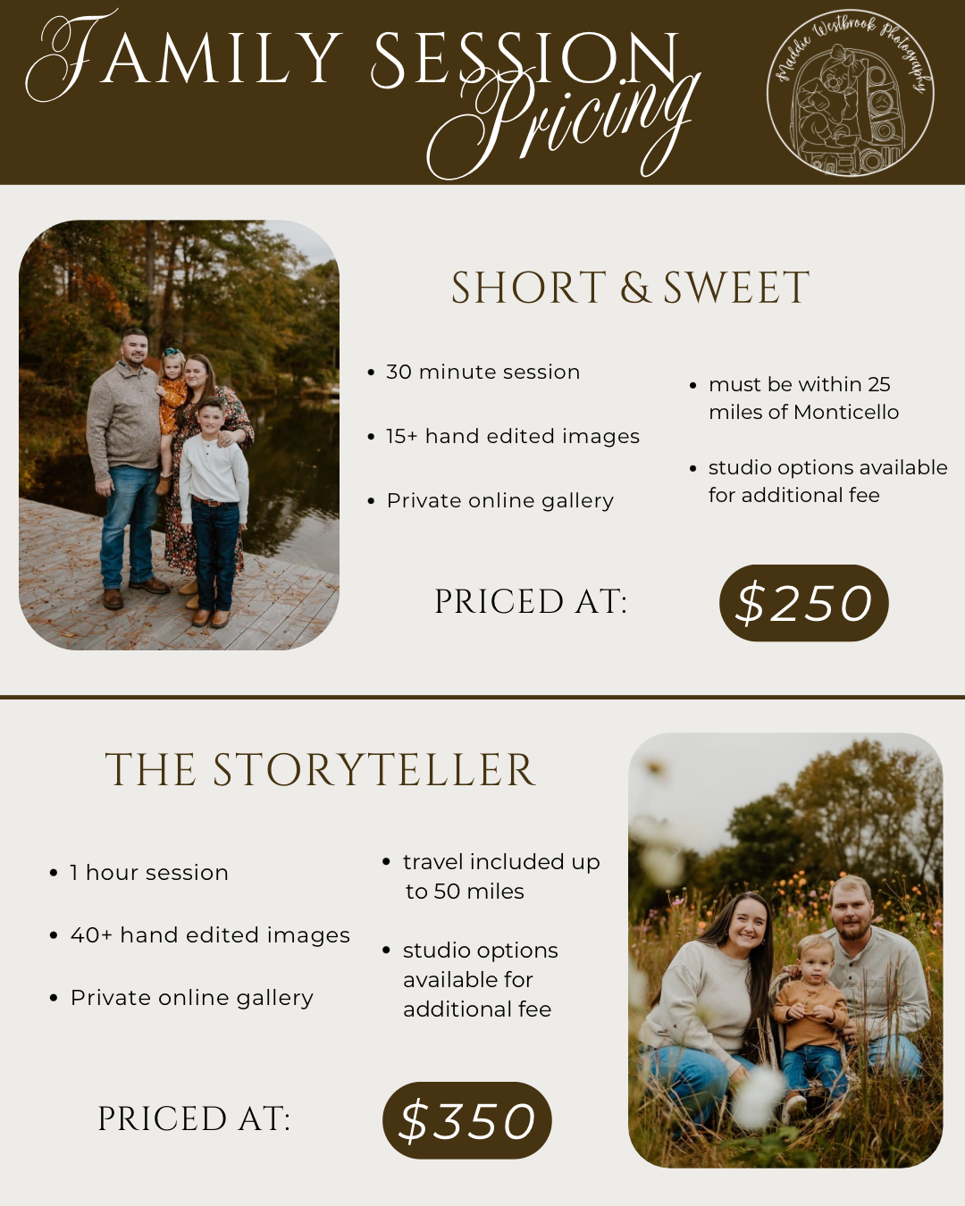 Family session photography pricing guide showing Short & Sweet at $250 and Storyteller at $350.