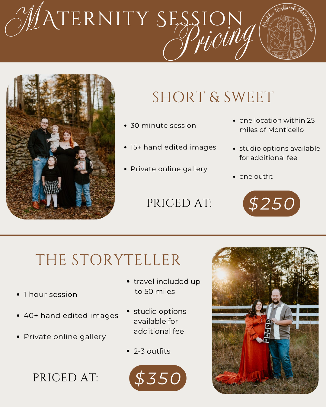 Maternity session photography pricing guide showing Short & Sweet at $250 and Storyteller at $350.