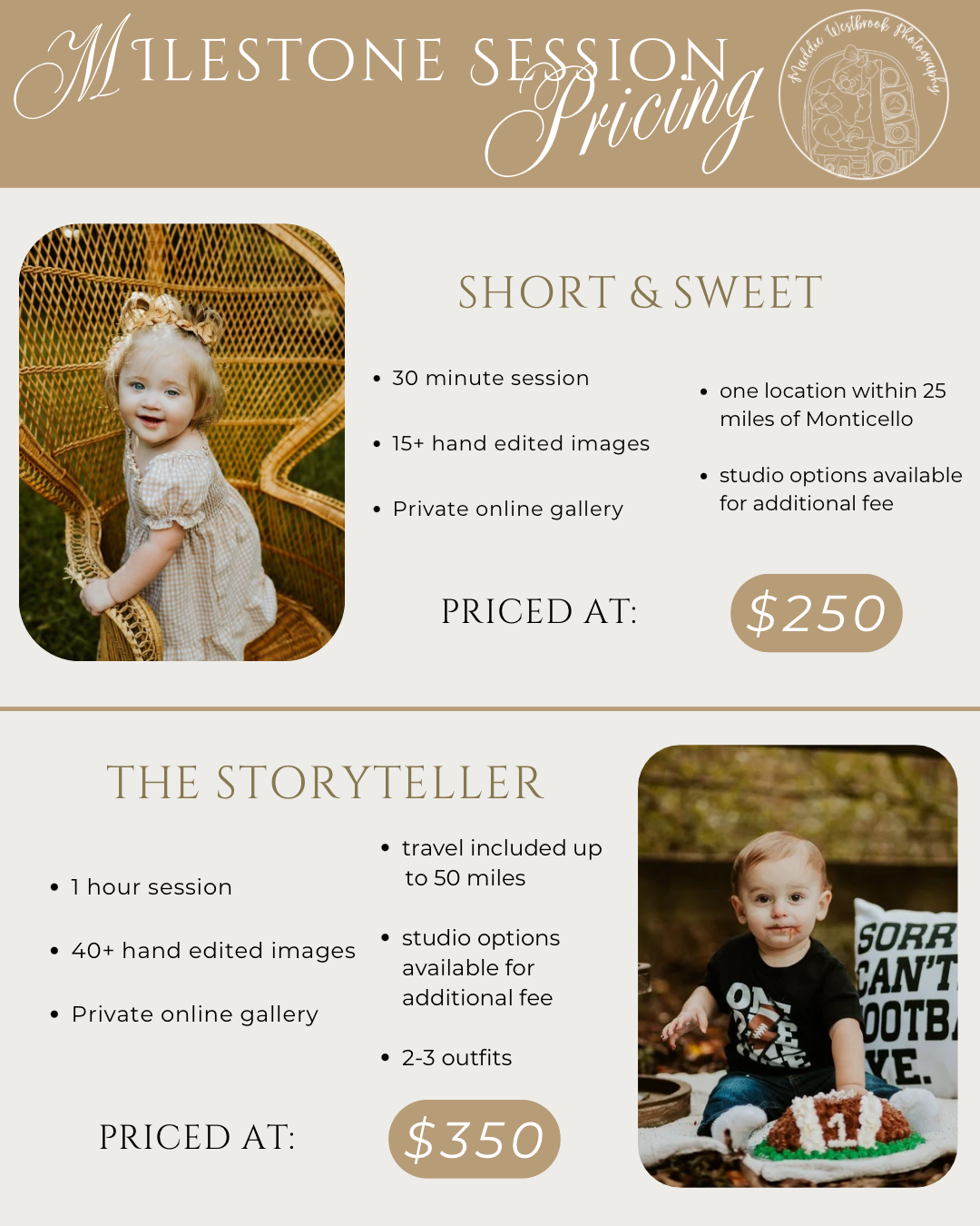 Milestone session photography pricing guide showing Short & Sweet at $250 and Storyteller at $350.